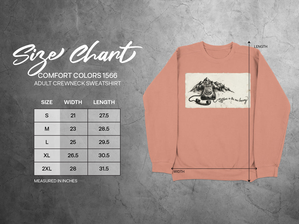 Size chart for Comfort Colors 1566 adult crewneck sweatshirt.