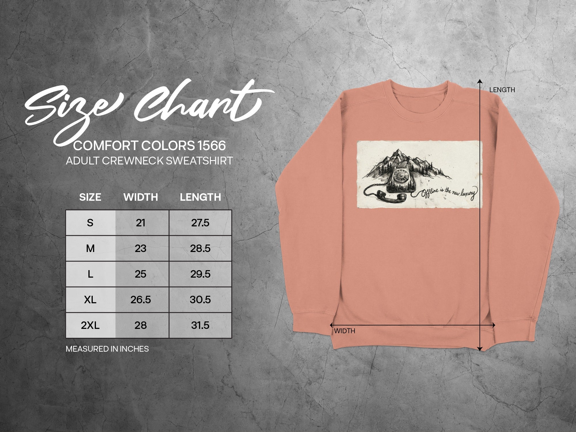 Size chart for Comfort Colors 1566 adult crewneck sweatshirt.