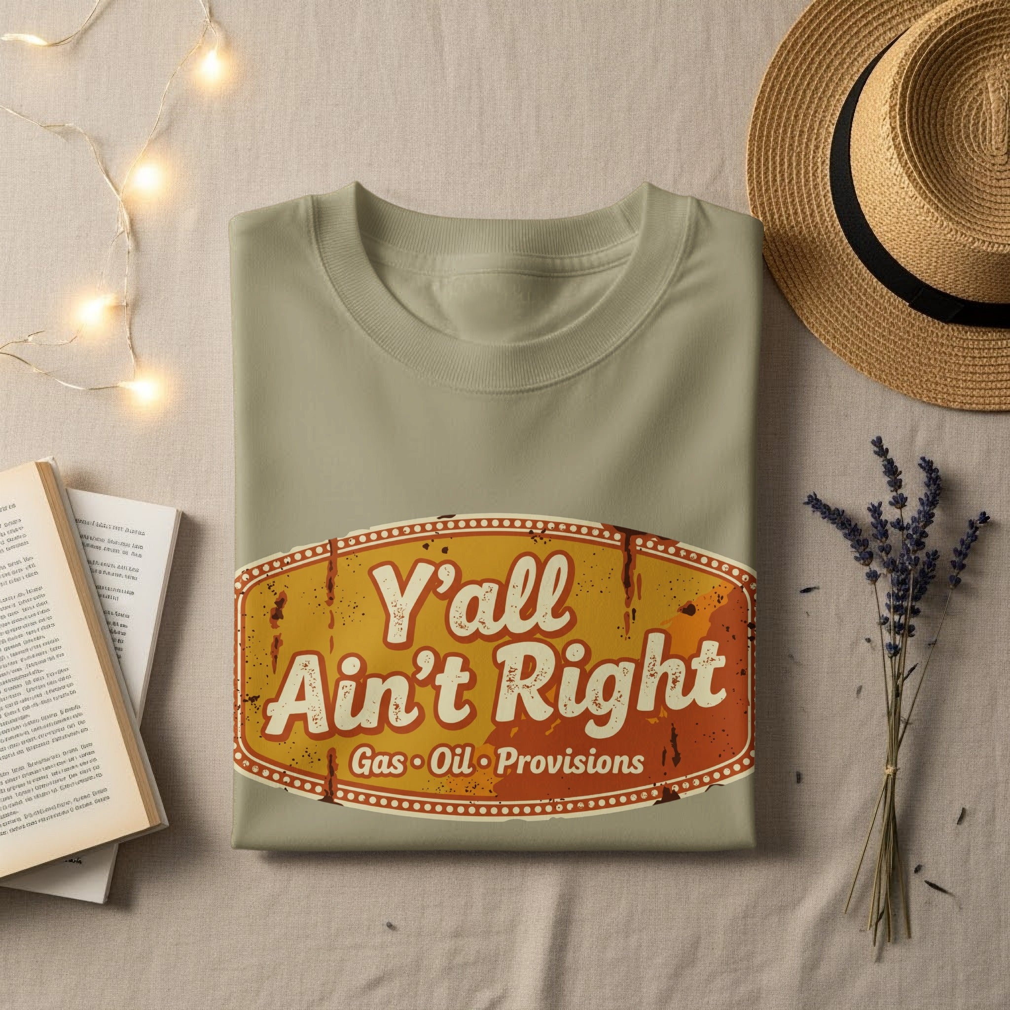 Tan t-shirt with "Y'all Ain't Right" slogan and "Gas Oil Provisions" text.