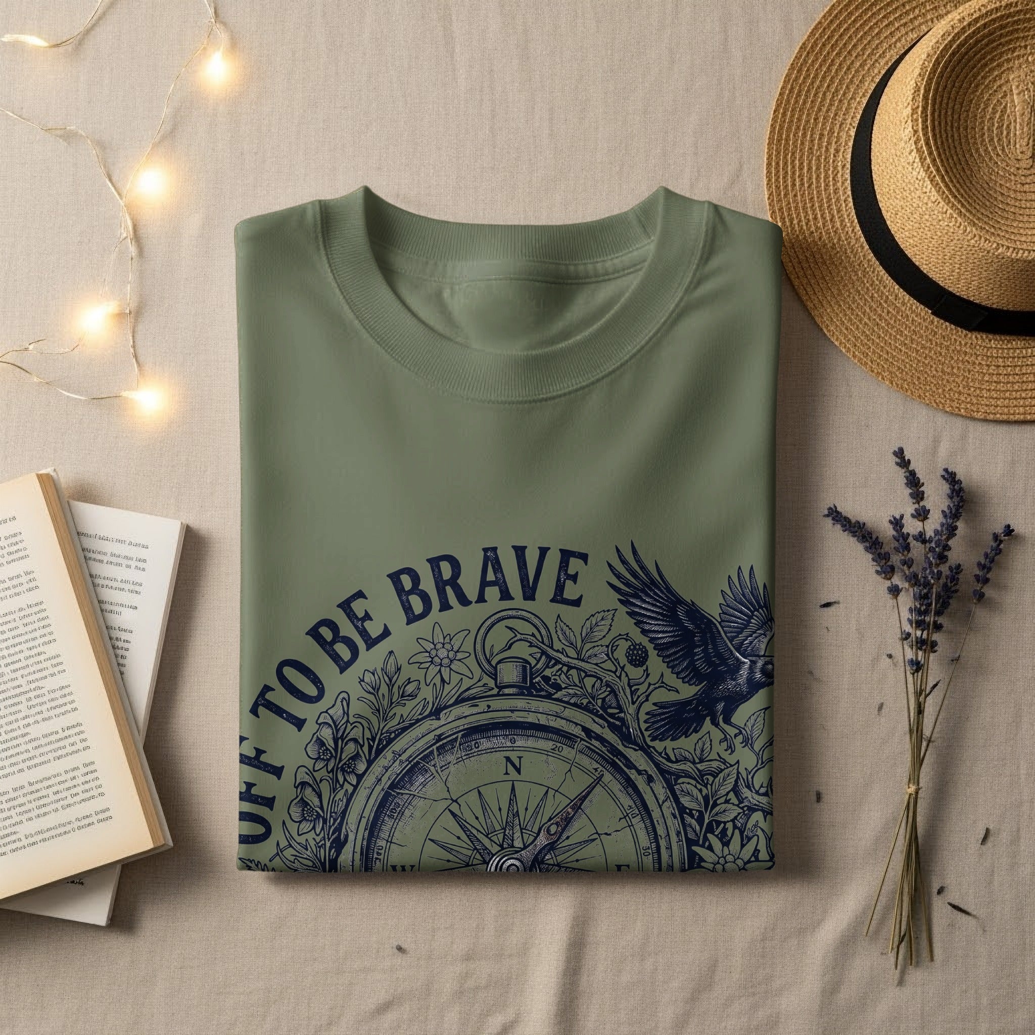 Olive green t-shirt with "Stuff To Be Brave" text and compass design.