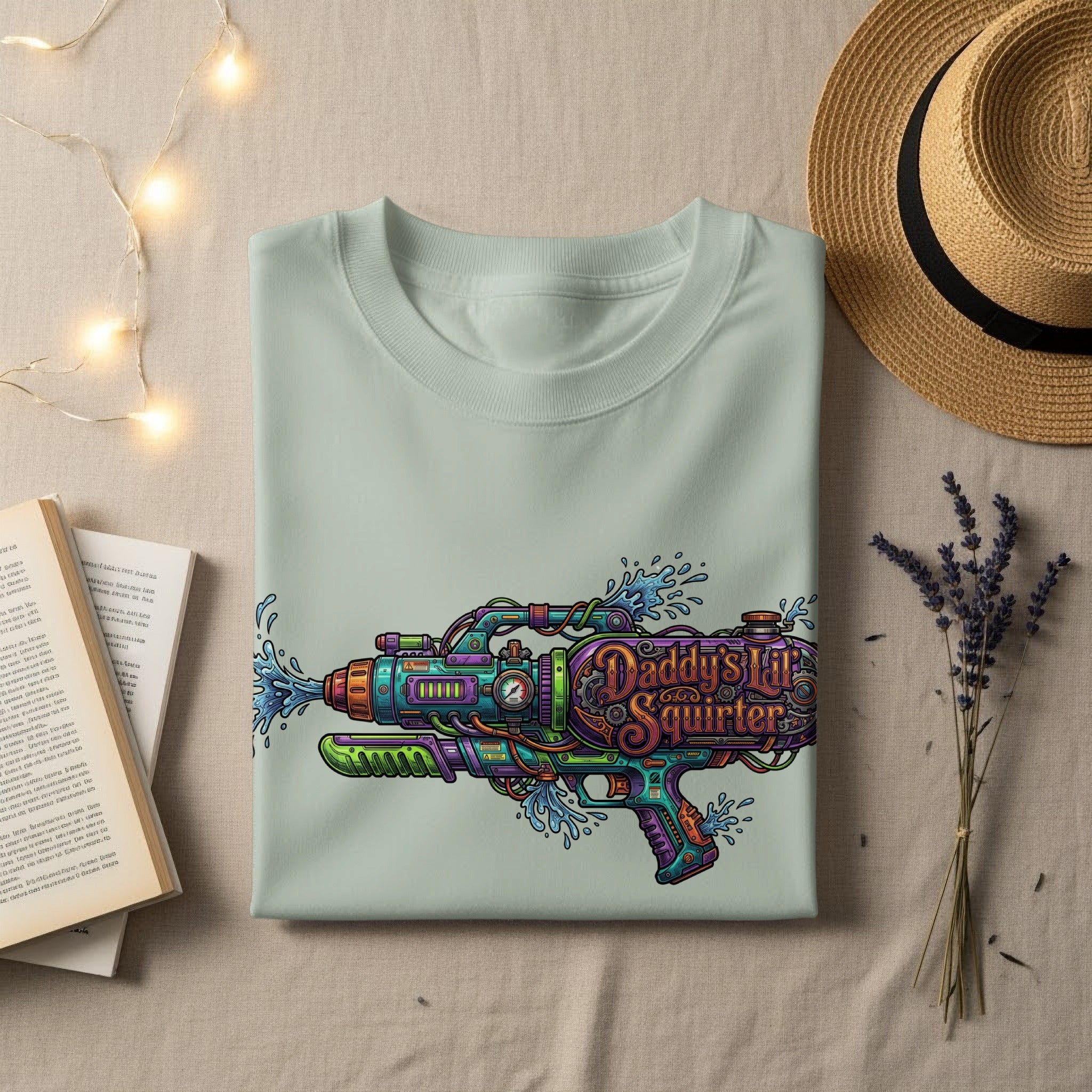 Light blue t-shirt with "Daddy's Lil Squirter" graphic of a colorful water gun.