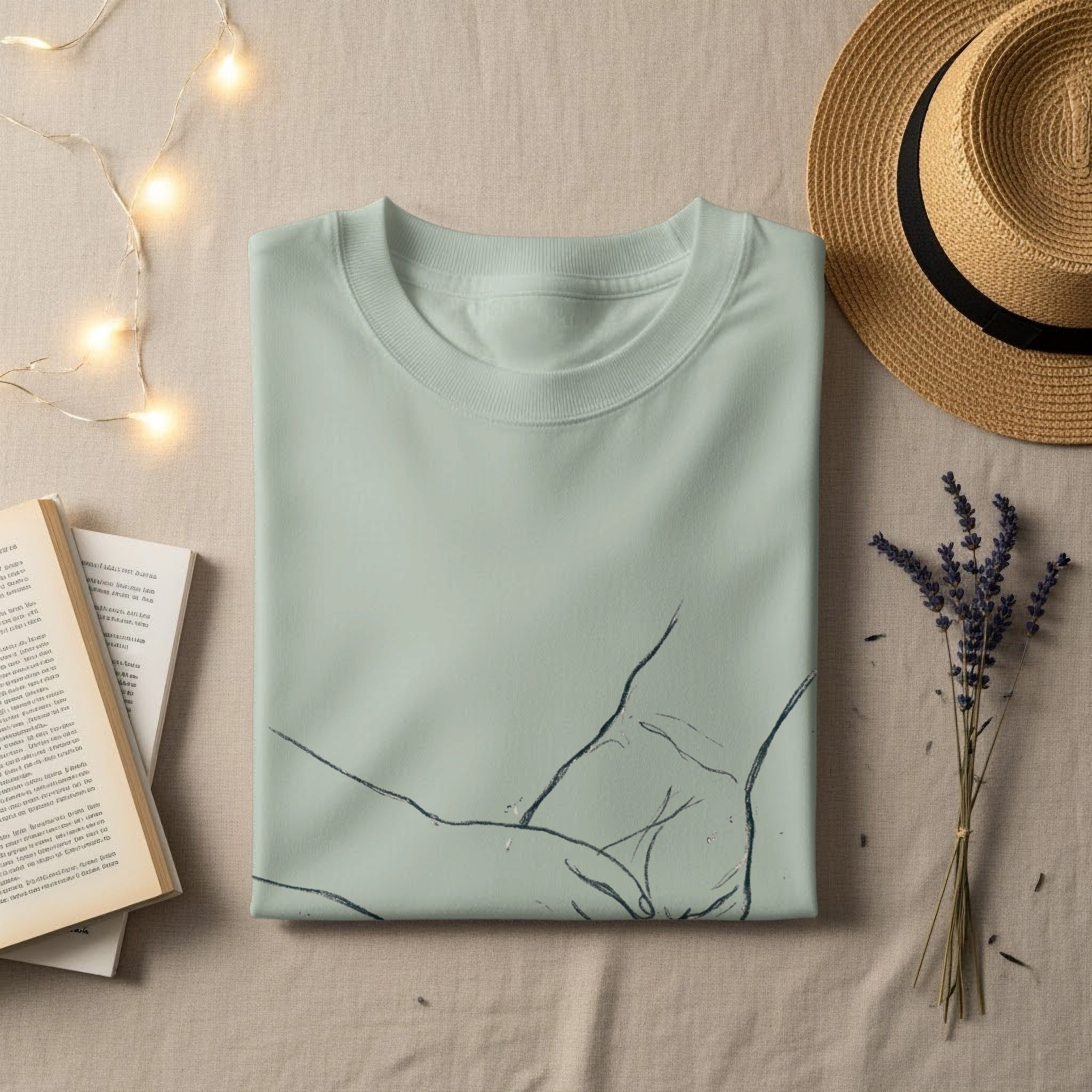 Light green t-shirt with abstract line art, book, and straw hat.