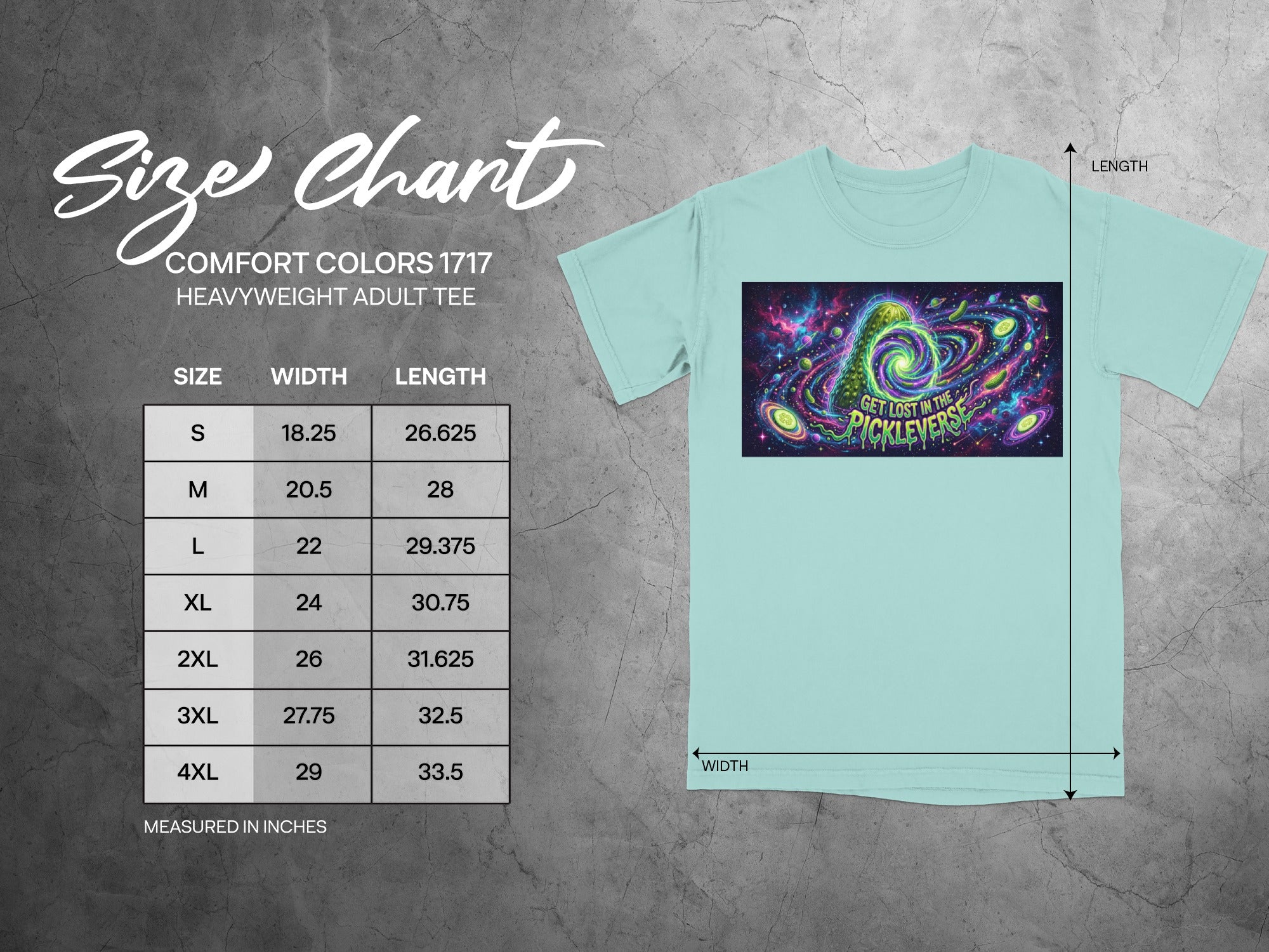 Comfort Colors heavyweight adult tee size chart with width and length measurements.