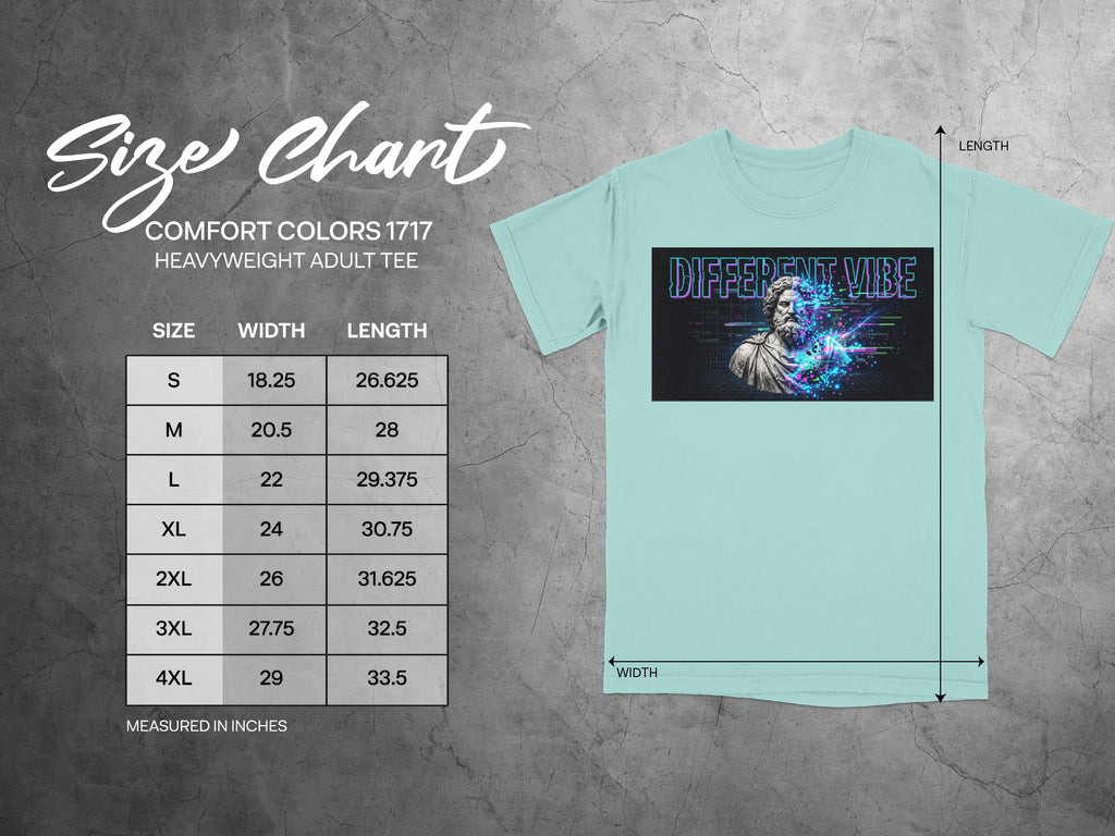 Size chart for Comfort Colors 1717 heavyweight adult tee with dimensions.