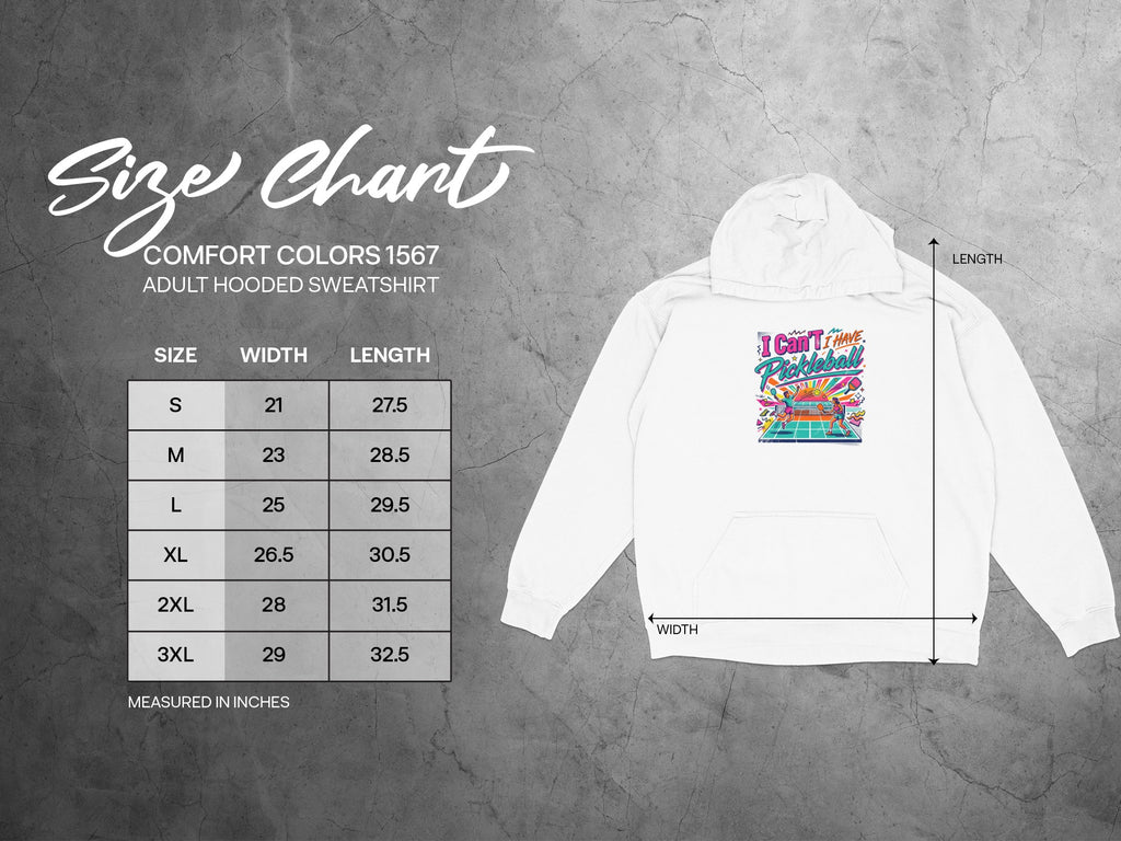 Comfort Colors 1567 adult hooded sweatshirt size chart with dimensions.