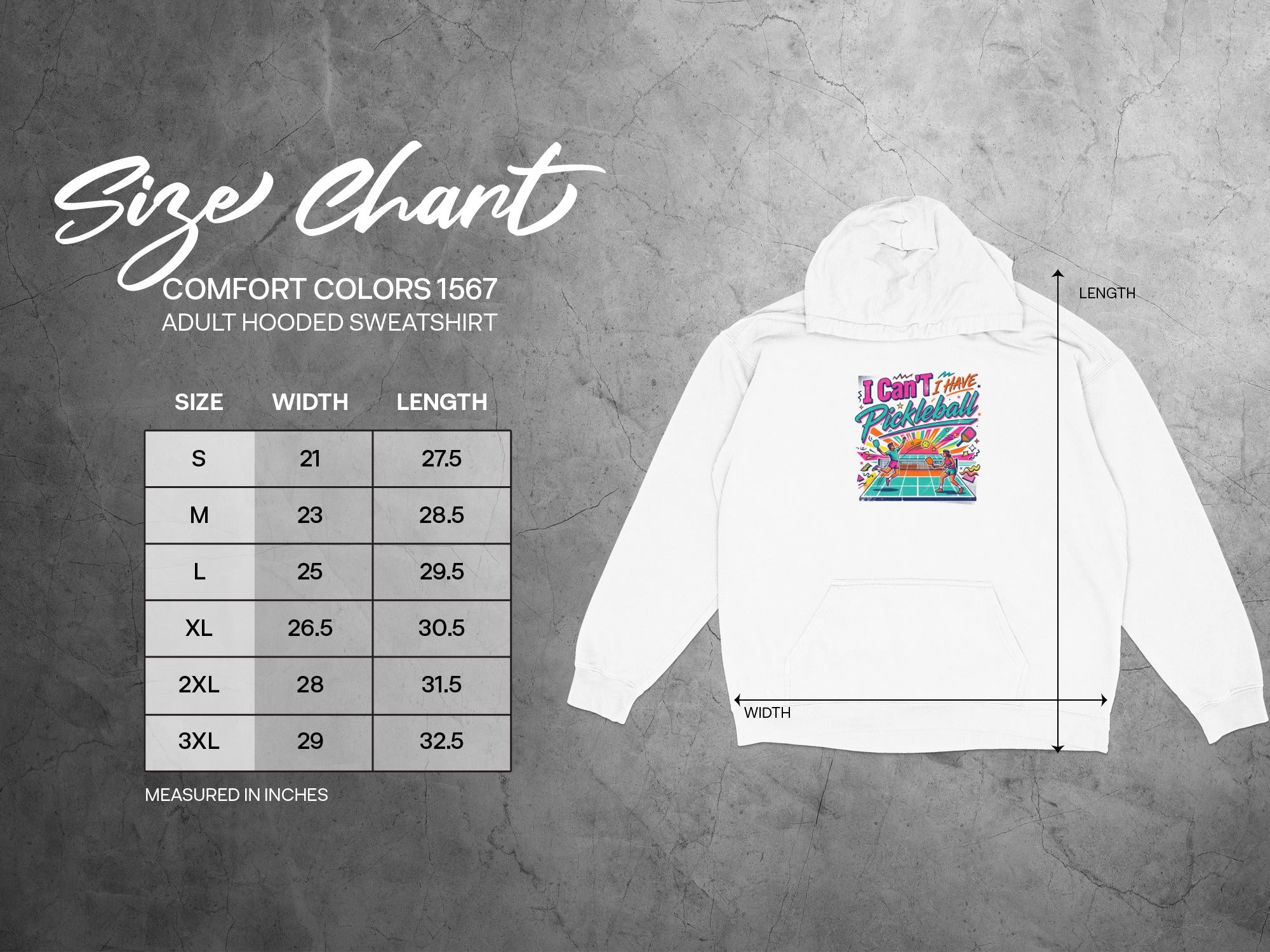 Comfort Colors 1567 adult hooded sweatshirt size chart with dimensions.