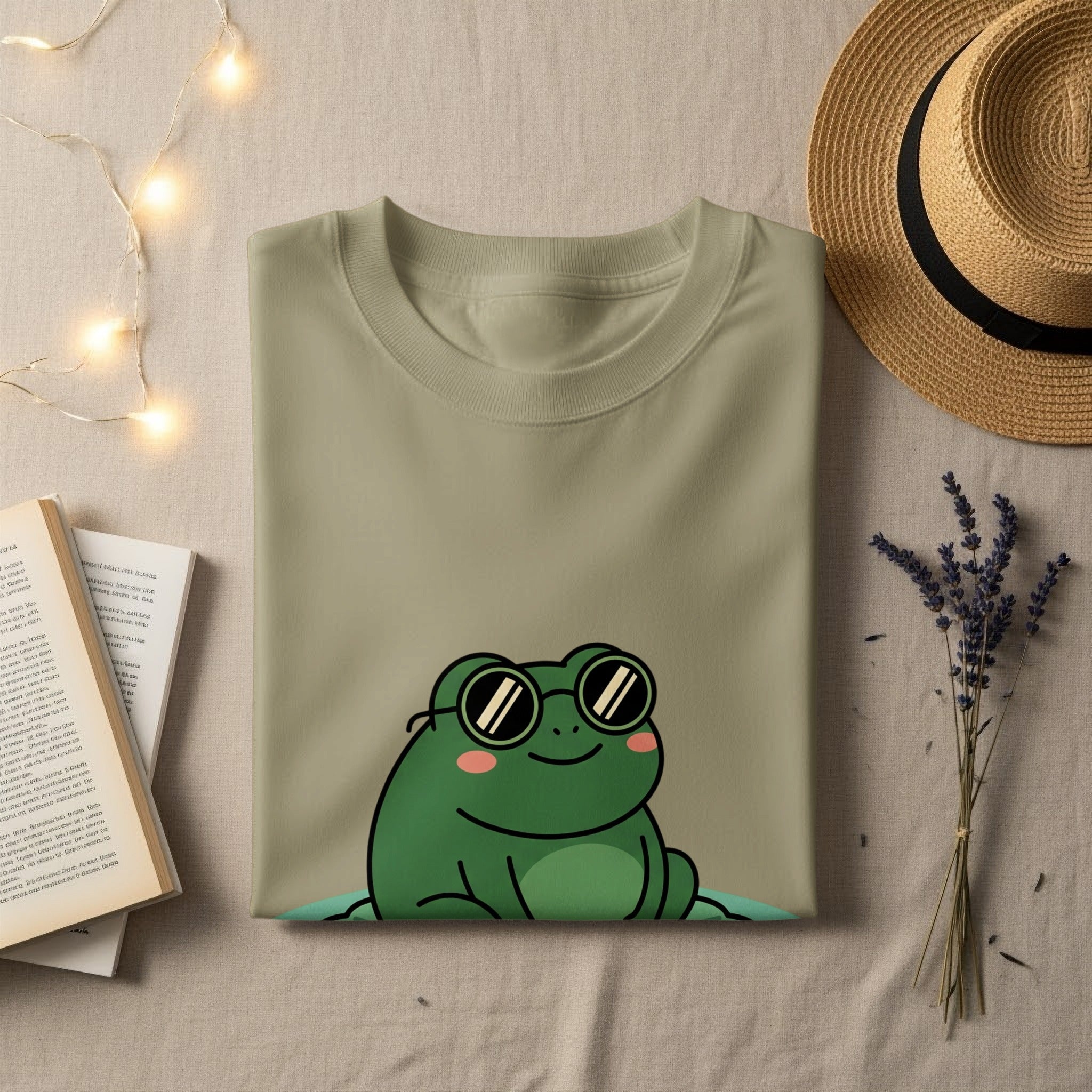 Green t-shirt with a cartoon frog wearing sunglasses.