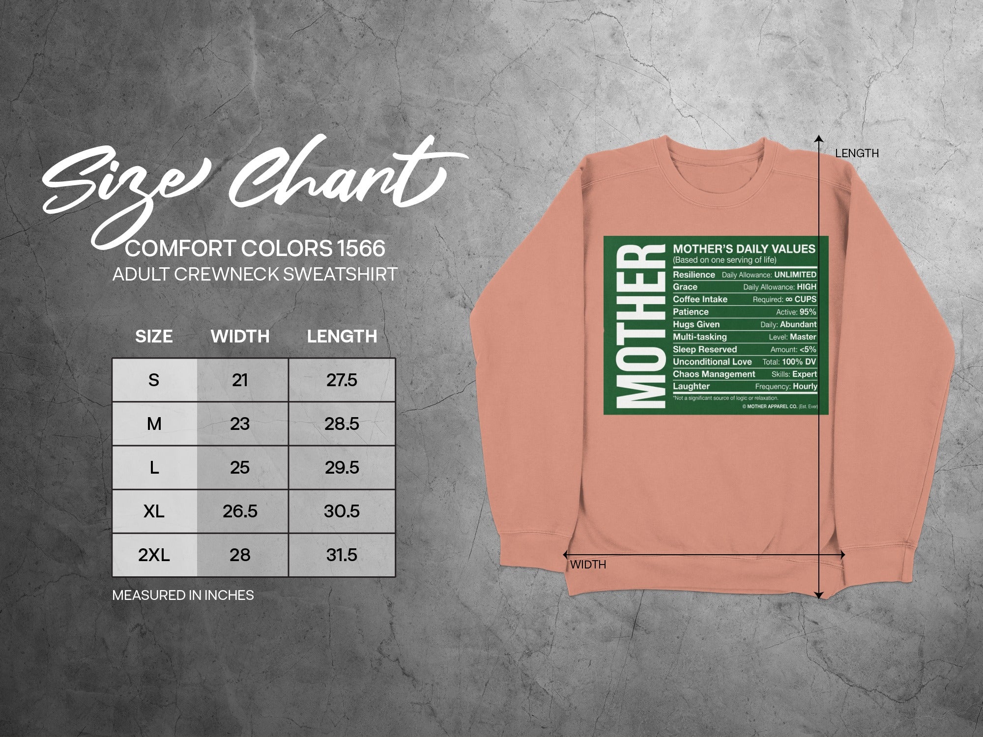 Size chart for Mother Apparel Co. crewneck sweatshirt, showing S-2XL measurements.