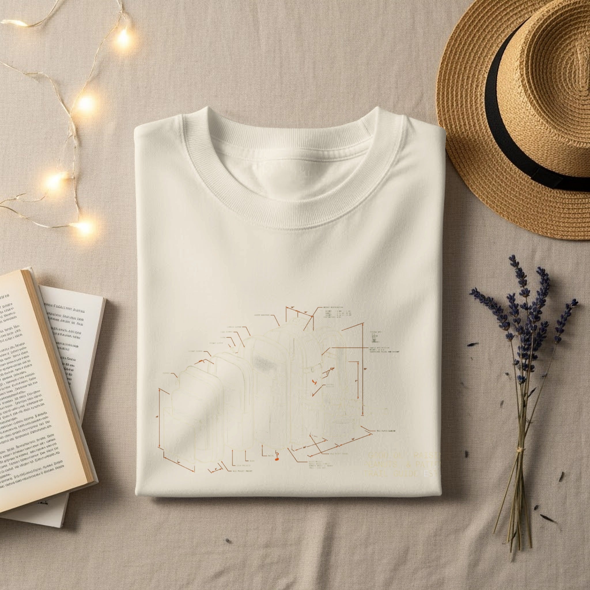 White t-shirt with red schematic diagram print and straw hat.
