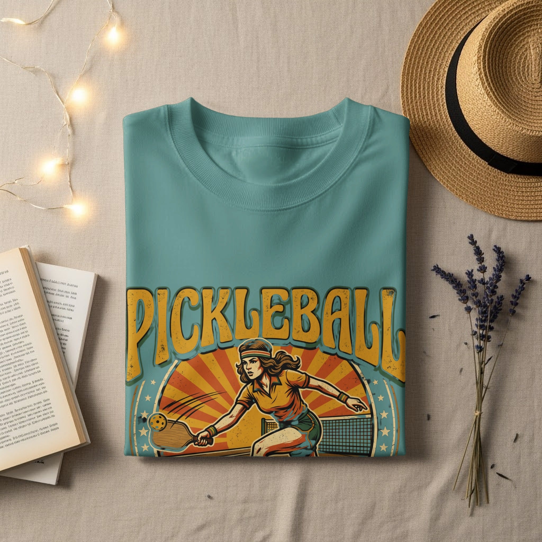 Turquoise t-shirt with "Pickleball" graphic of a woman playing.