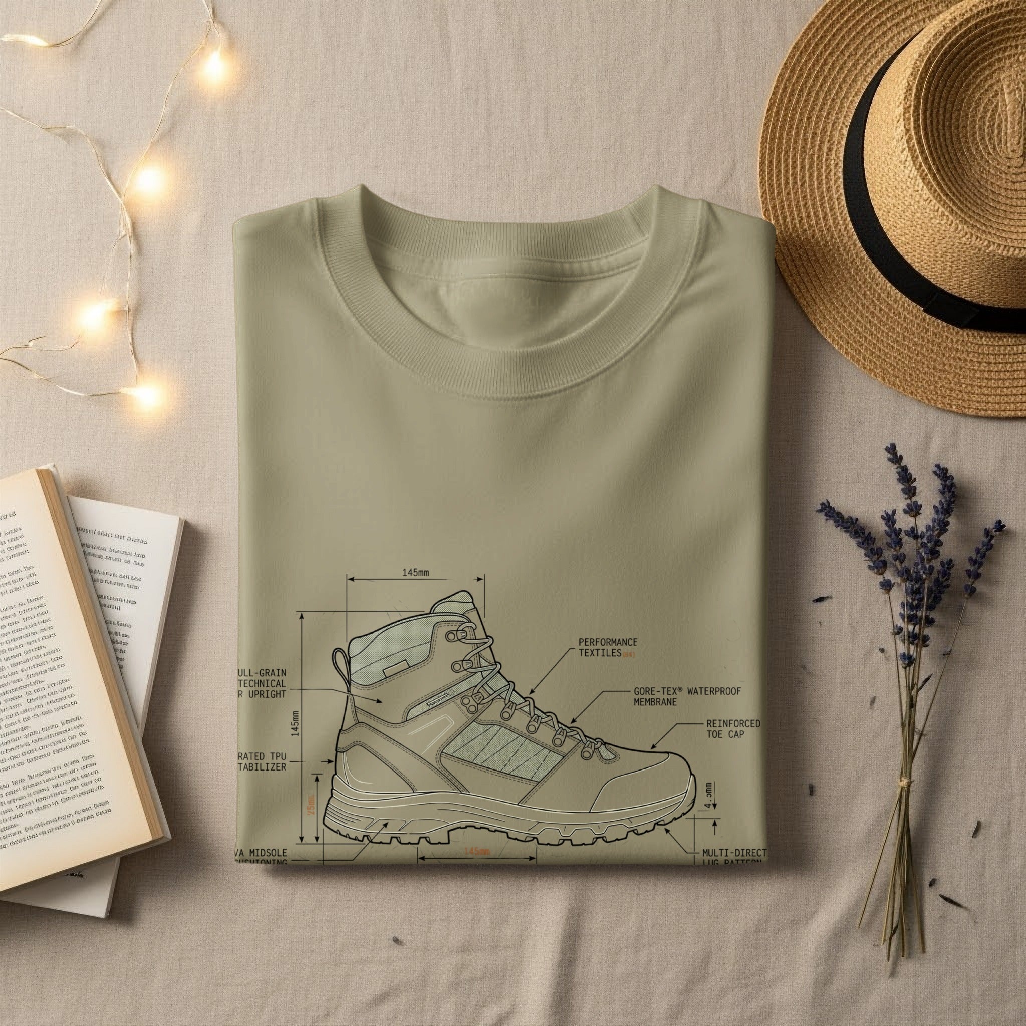 Khaki t-shirt featuring a diagram of a hiking boot with labeled components.
