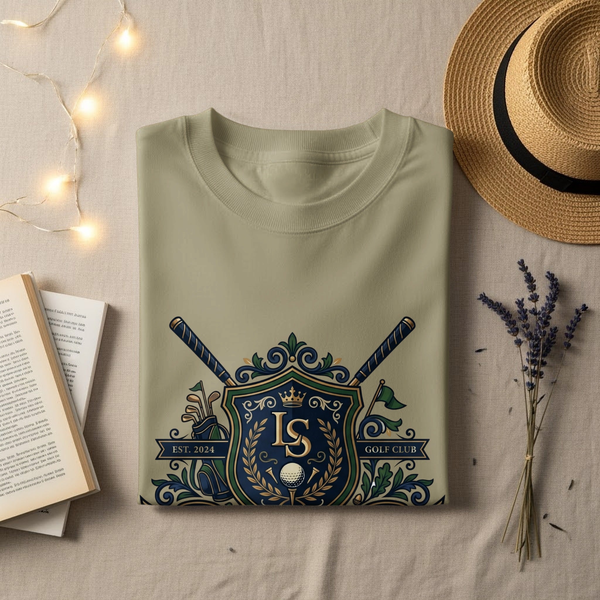 T-shirt with crested golf club design and "IS GOLF CLUB EST. 2024" text.