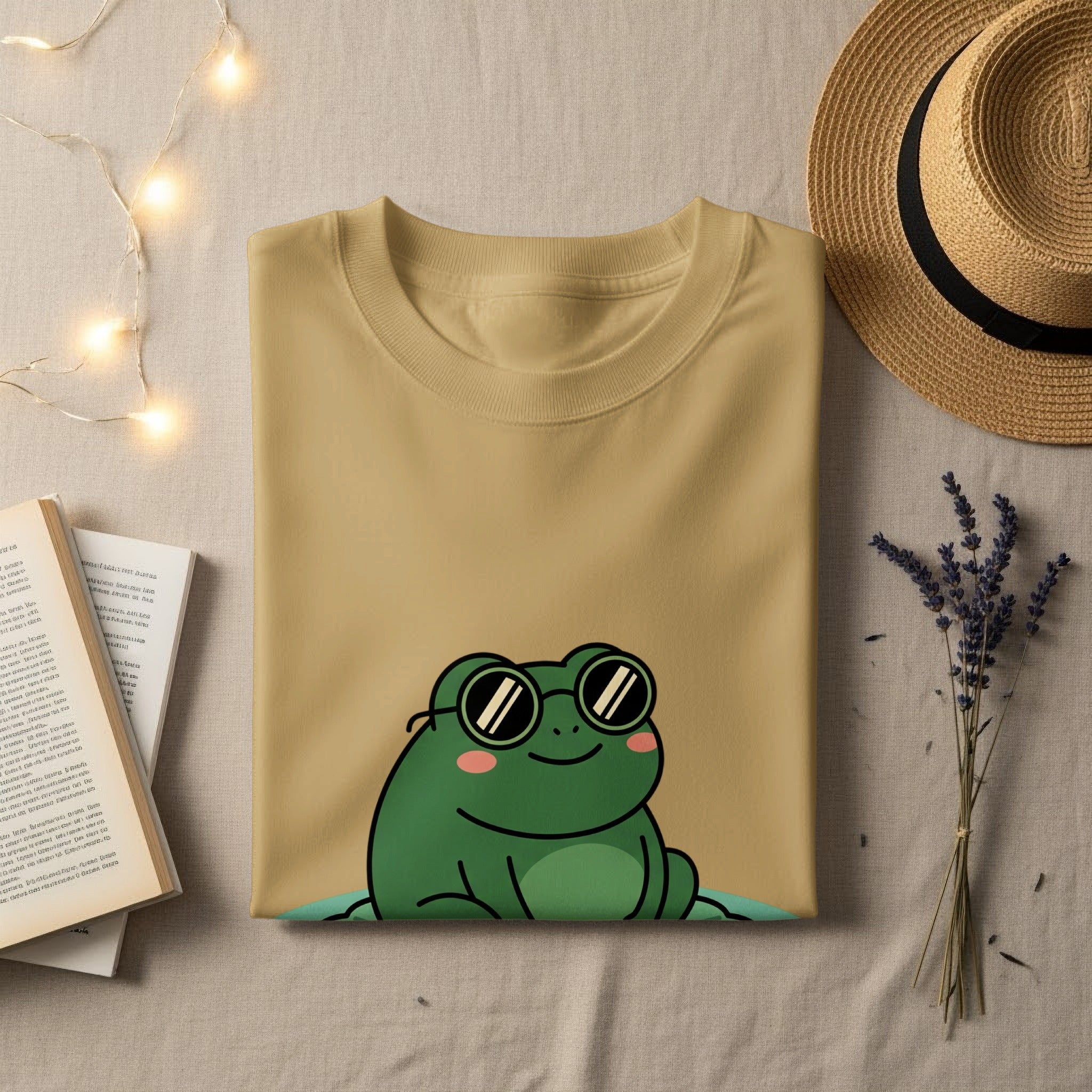 Yellow t-shirt with a cartoon frog wearing sunglasses.