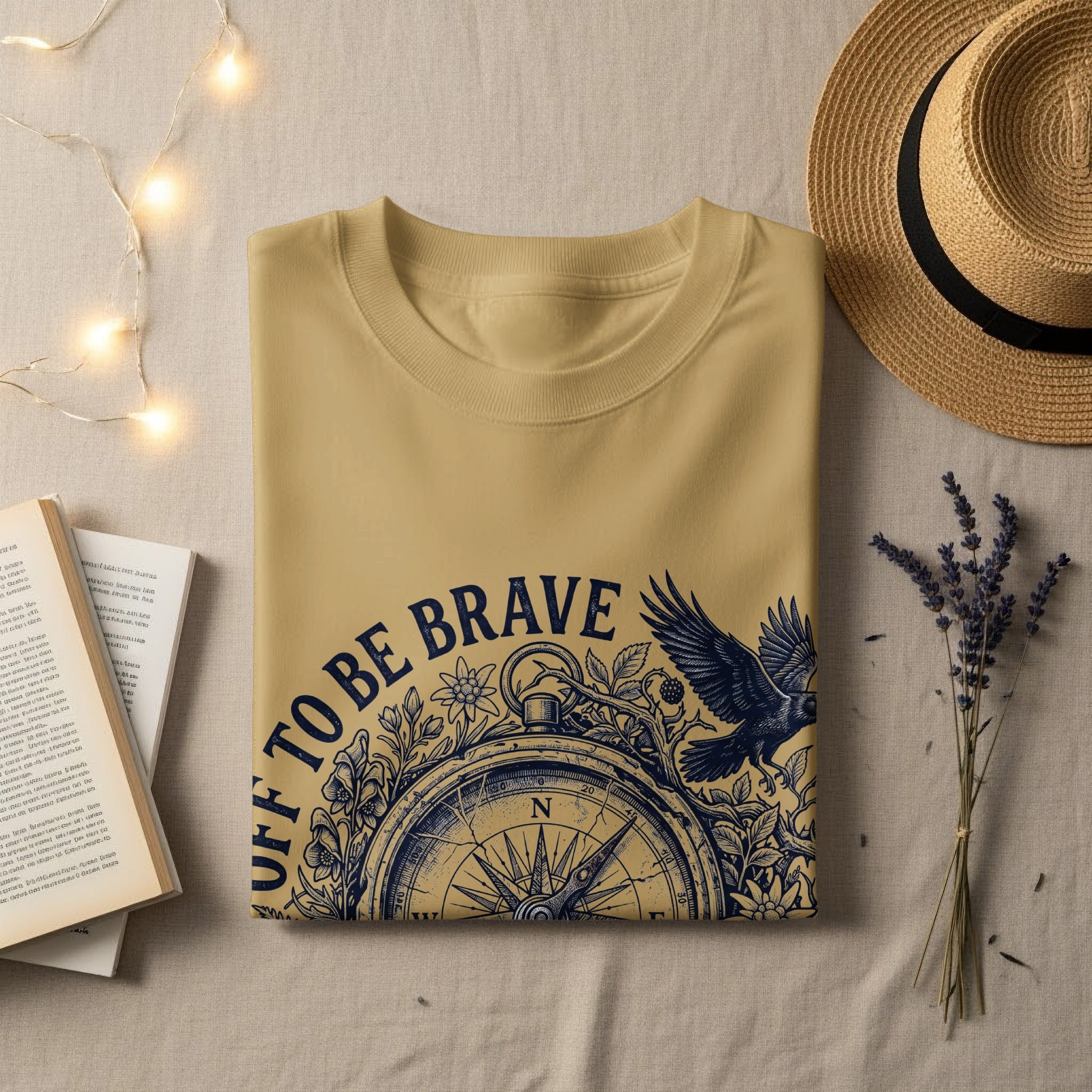 Light yellow t-shirt with "TO BE BRAVE" and compass design.