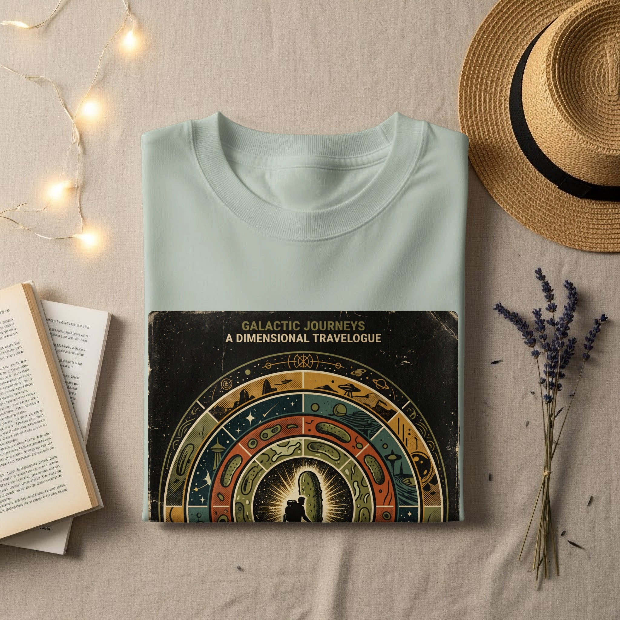 Book cover titled Galactic Journeys: A Dimensional Travelogue, on a light blue shirt.