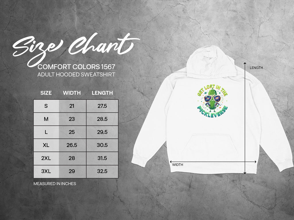 Comfort Colors 1567 adult hooded sweatshirt size chart with width and length measurements.