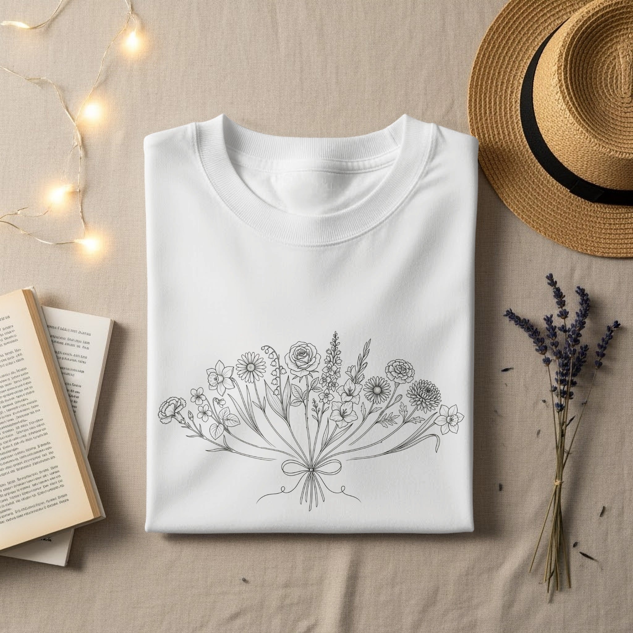 White t-shirt with a minimalist line drawing of a floral bouquet.