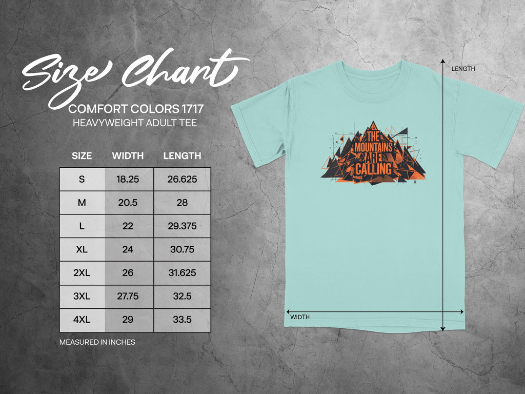 Comfort Colors 1717 heavyweight adult tee size chart with measurements.