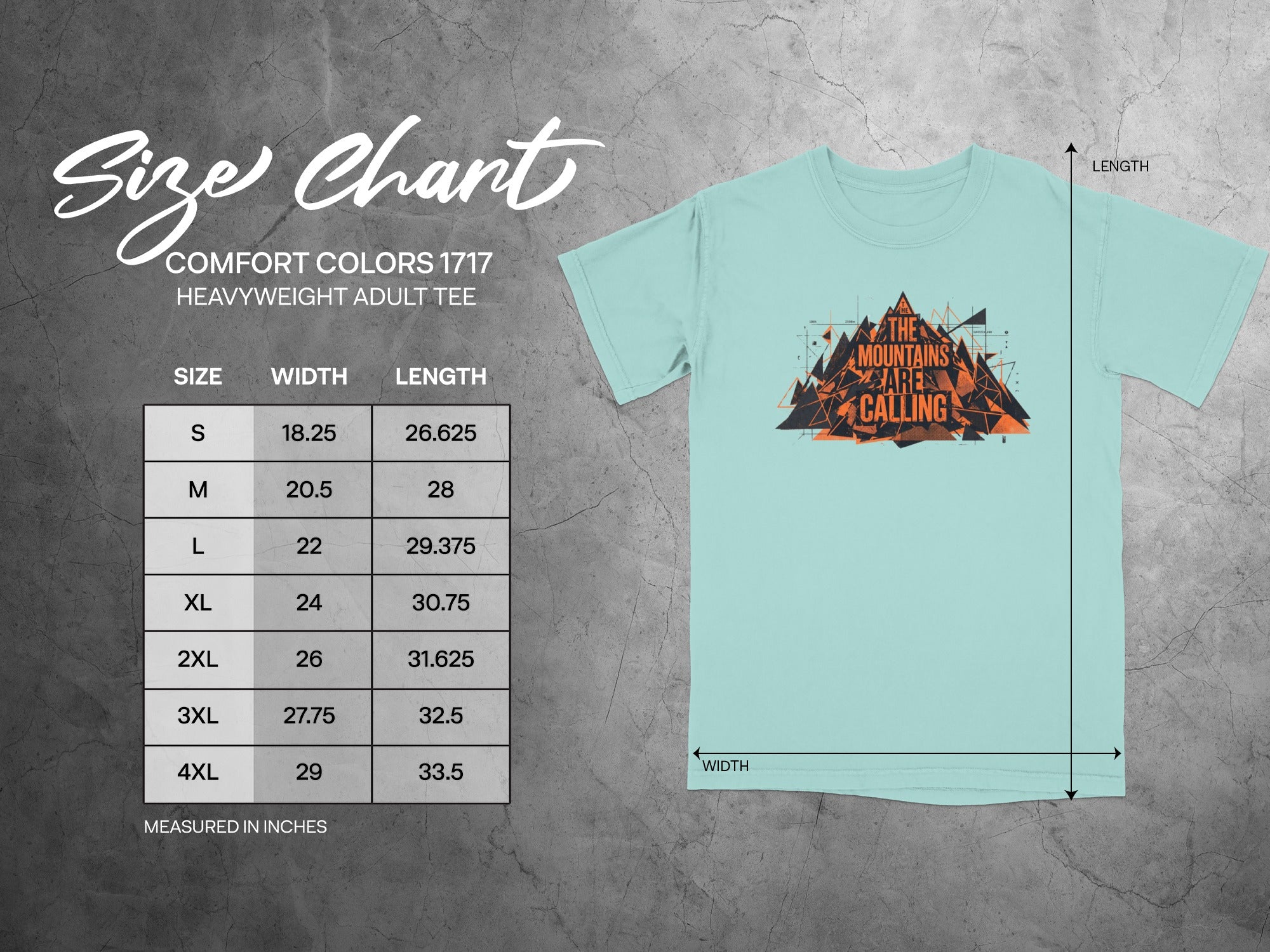 Comfort Colors 1717 heavyweight adult tee size chart with measurements.