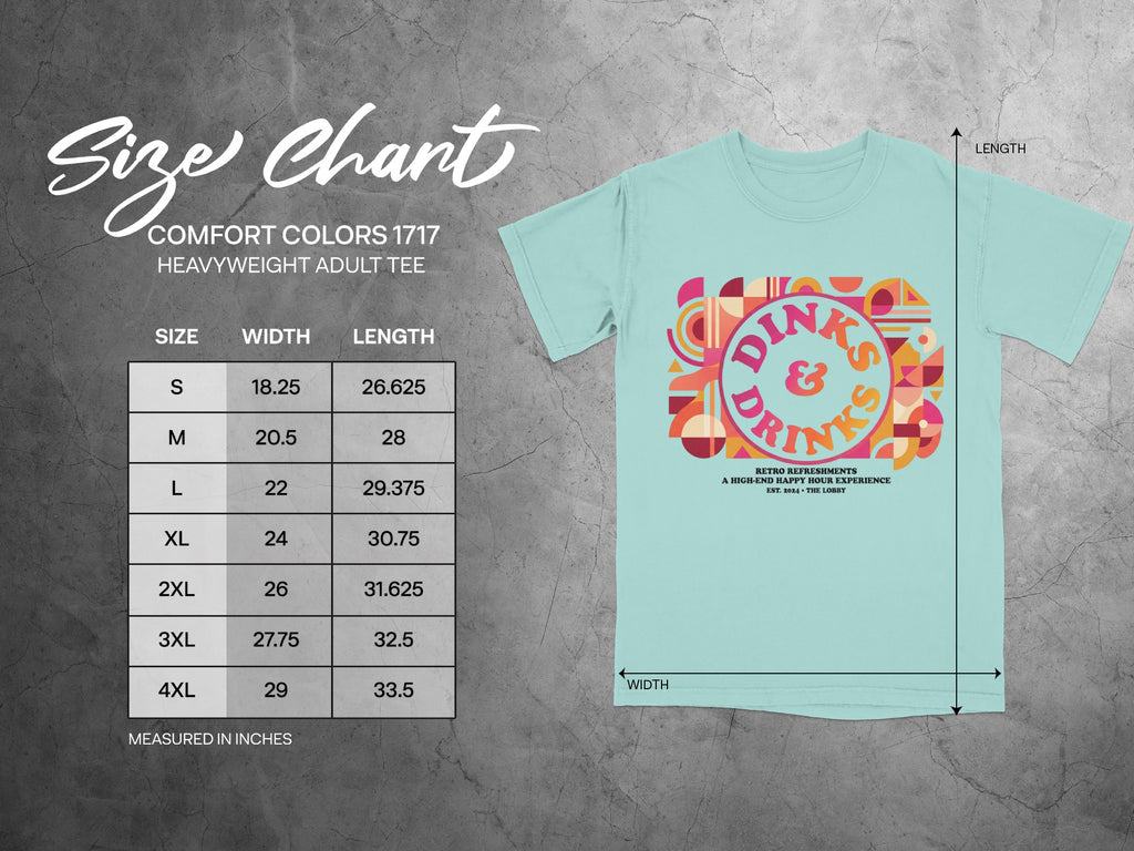 Comfort Colors 1717 size chart for heavyweight adult tee with chest width and length measurements.