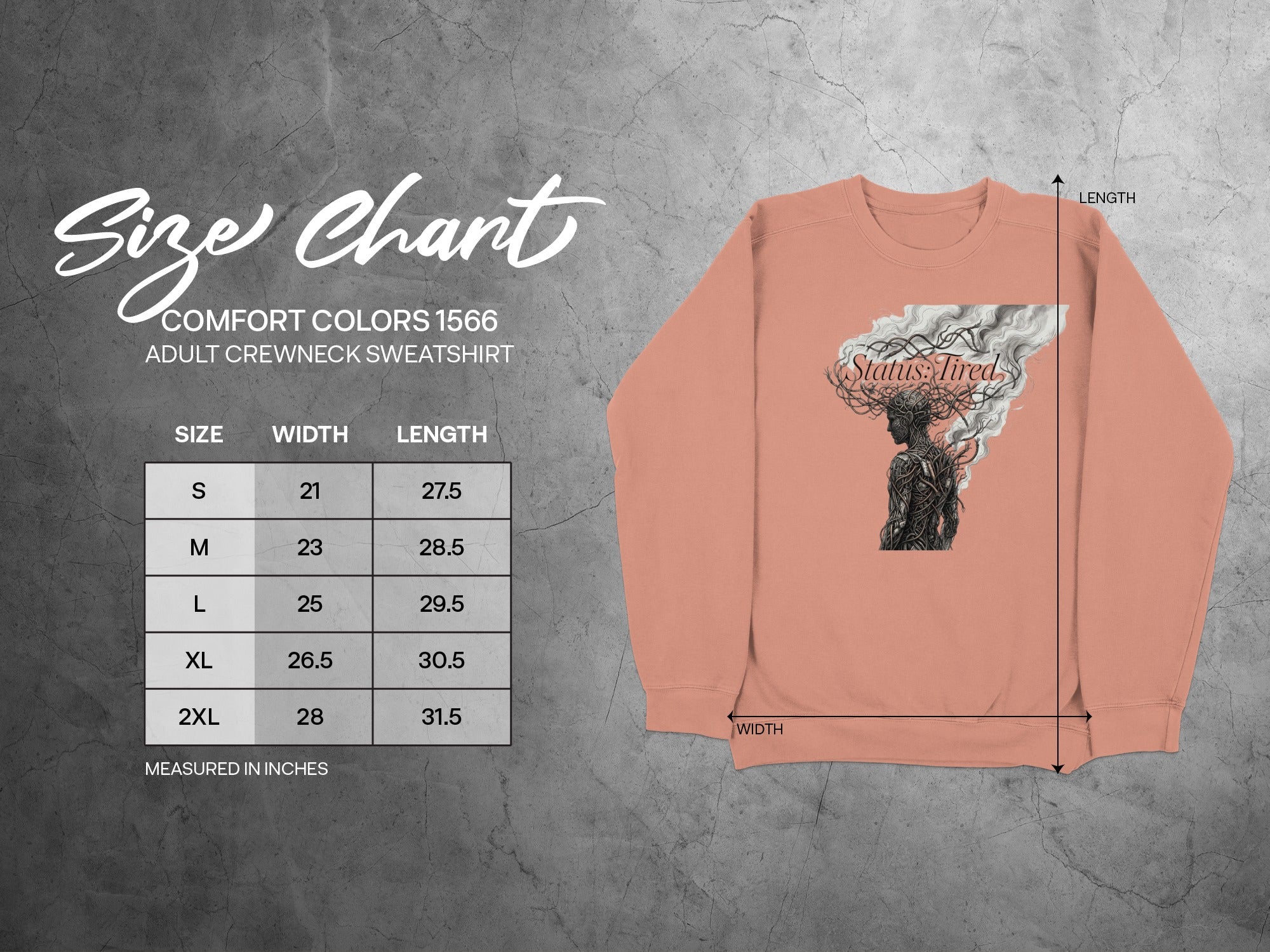 Crewneck sweatshirt size chart with measurements in inches for width and length.