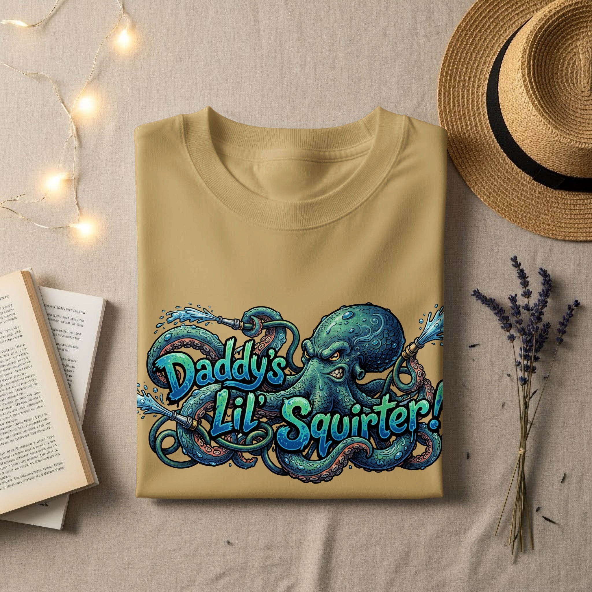 Light brown t-shirt with blue octopus graphic that reads "Daddy's Lil Squirter!"