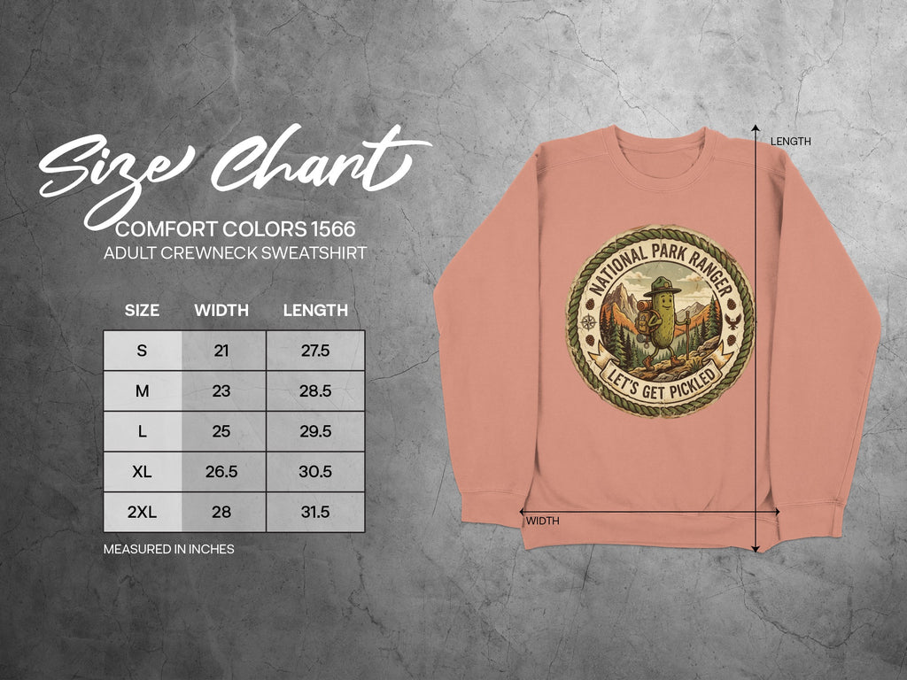 Comfort Colors 1566 adult crewneck sweatshirt size chart with measurements.