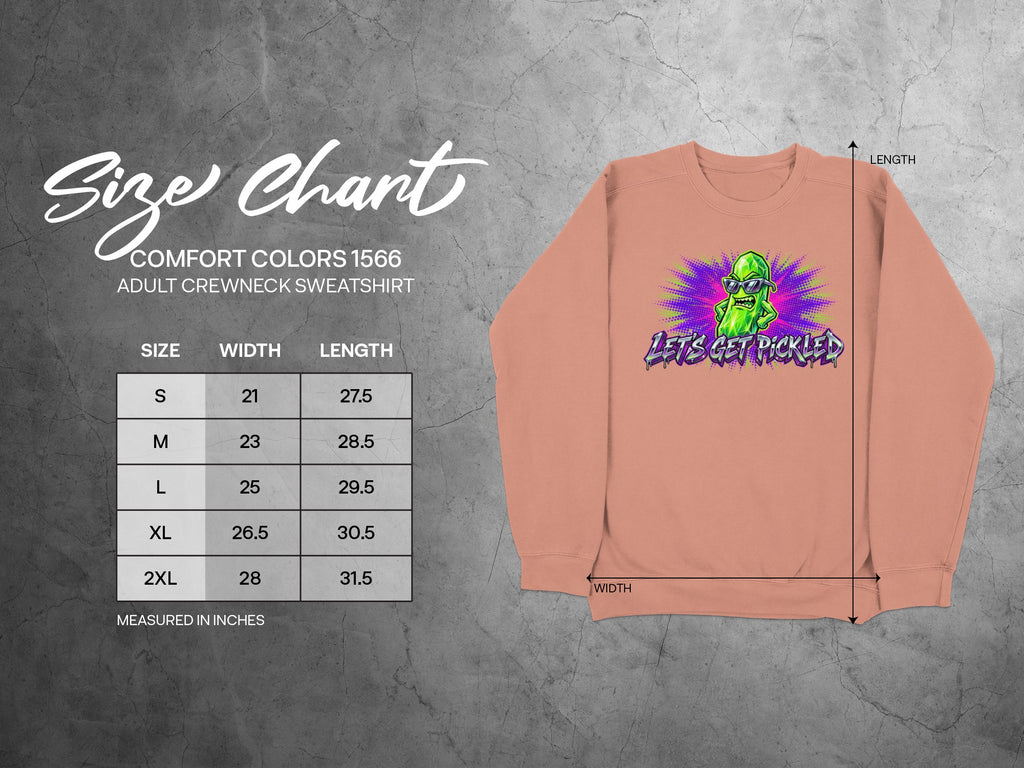 Comfort Colors 1566 adult sweatshirt size chart with measurements.