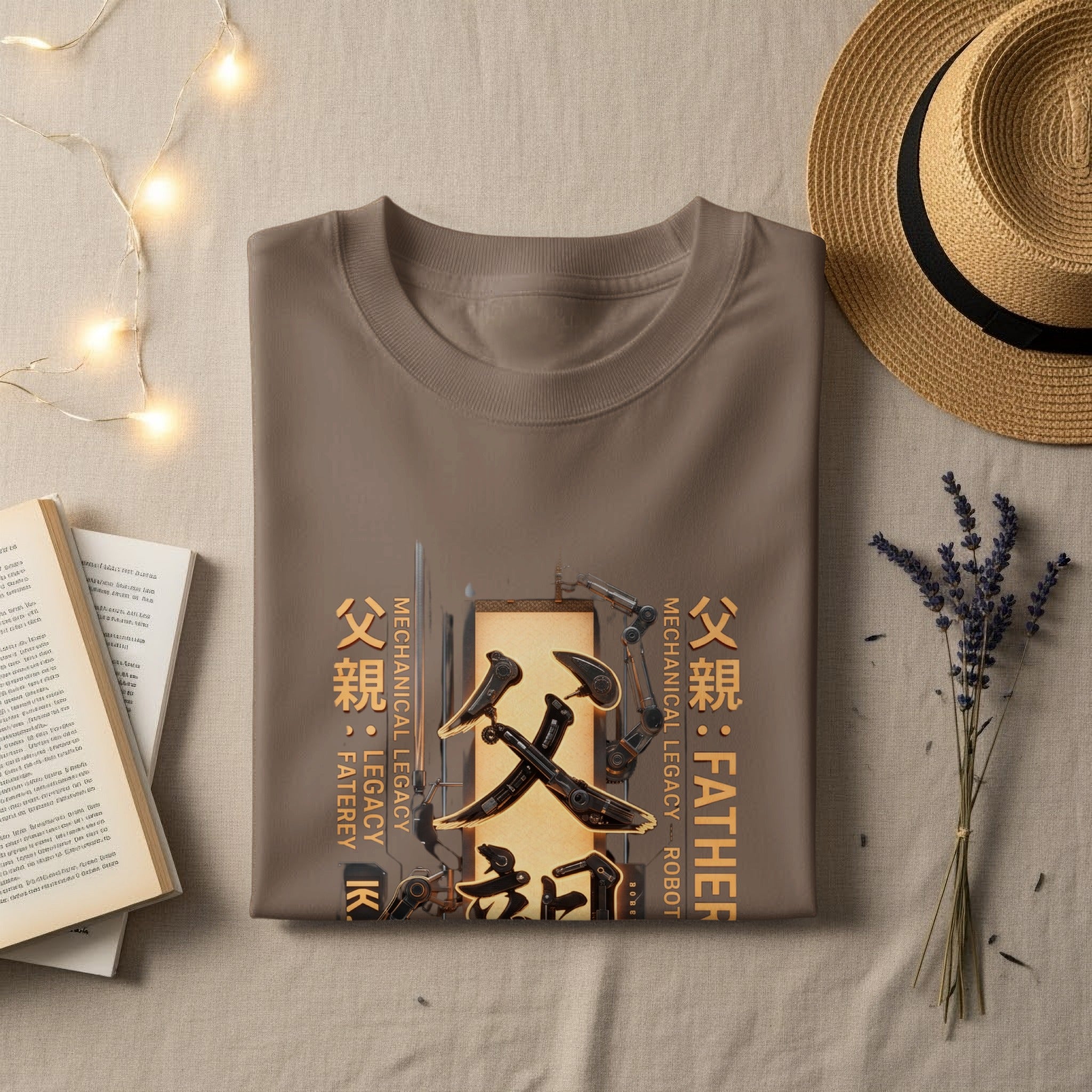 Brown t-shirt with Japanese characters and "Father Mechanical Legacy Robot" text.