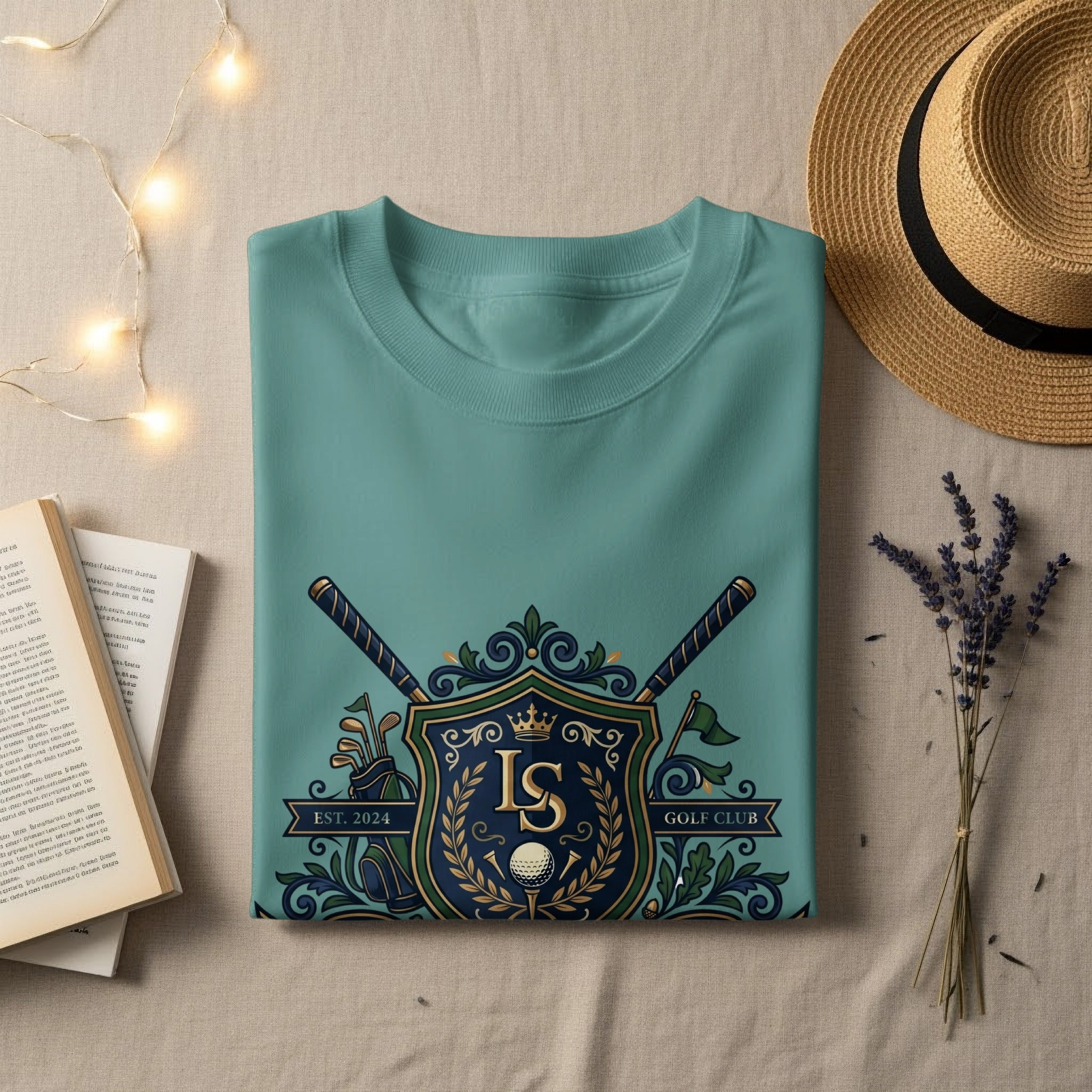 Teal t-shirt with "IS GOLF CLUB" crest, golf clubs, and "EST. 2024".