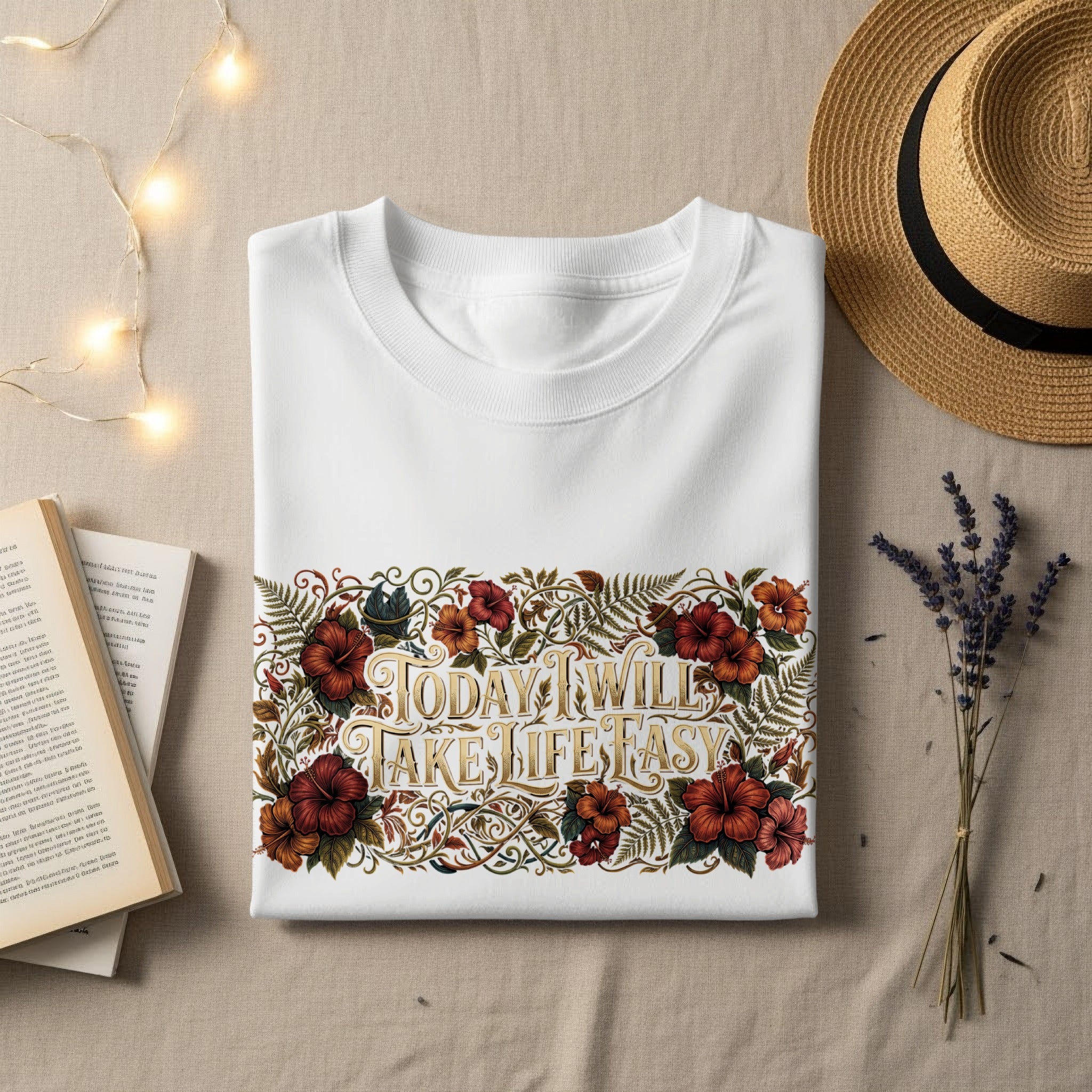 White sweatshirt with floral design and text "TODAY I WILL TAKE LIFE EASY".