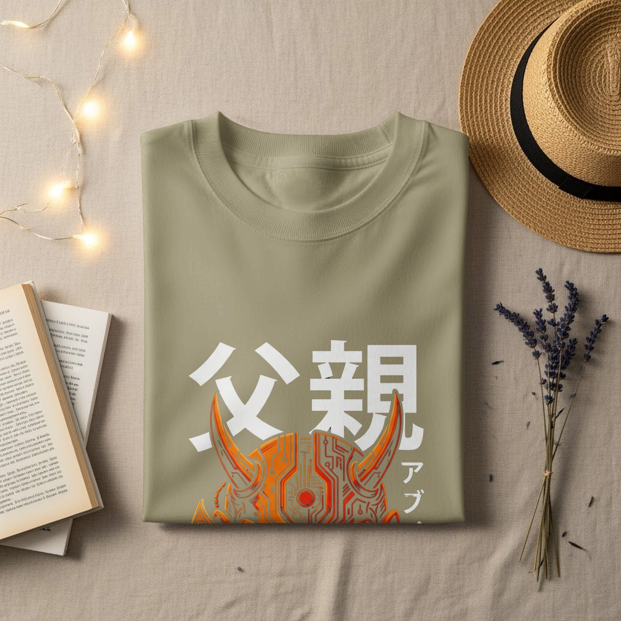 Olive green t-shirt with Japanese text and a graphic of a bull's head.