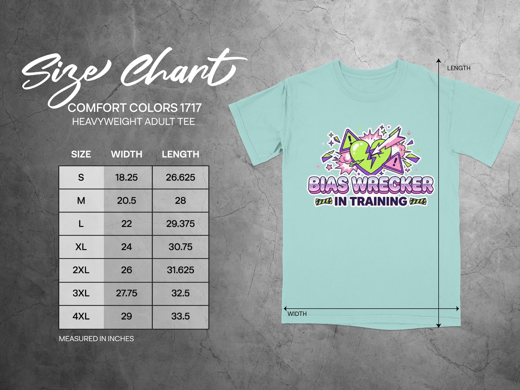 Size chart for Comfort Colors 1717 heavyweight adult tee with graphic.