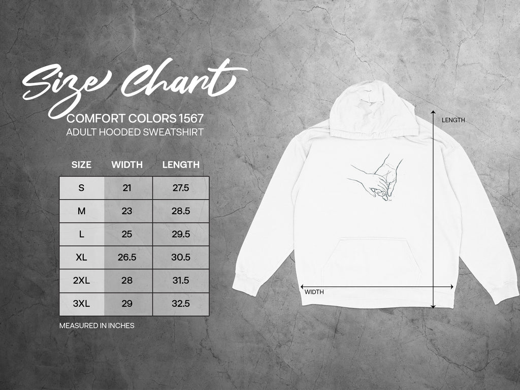 Comfort Colors 1567 adult hooded sweatshirt size chart.