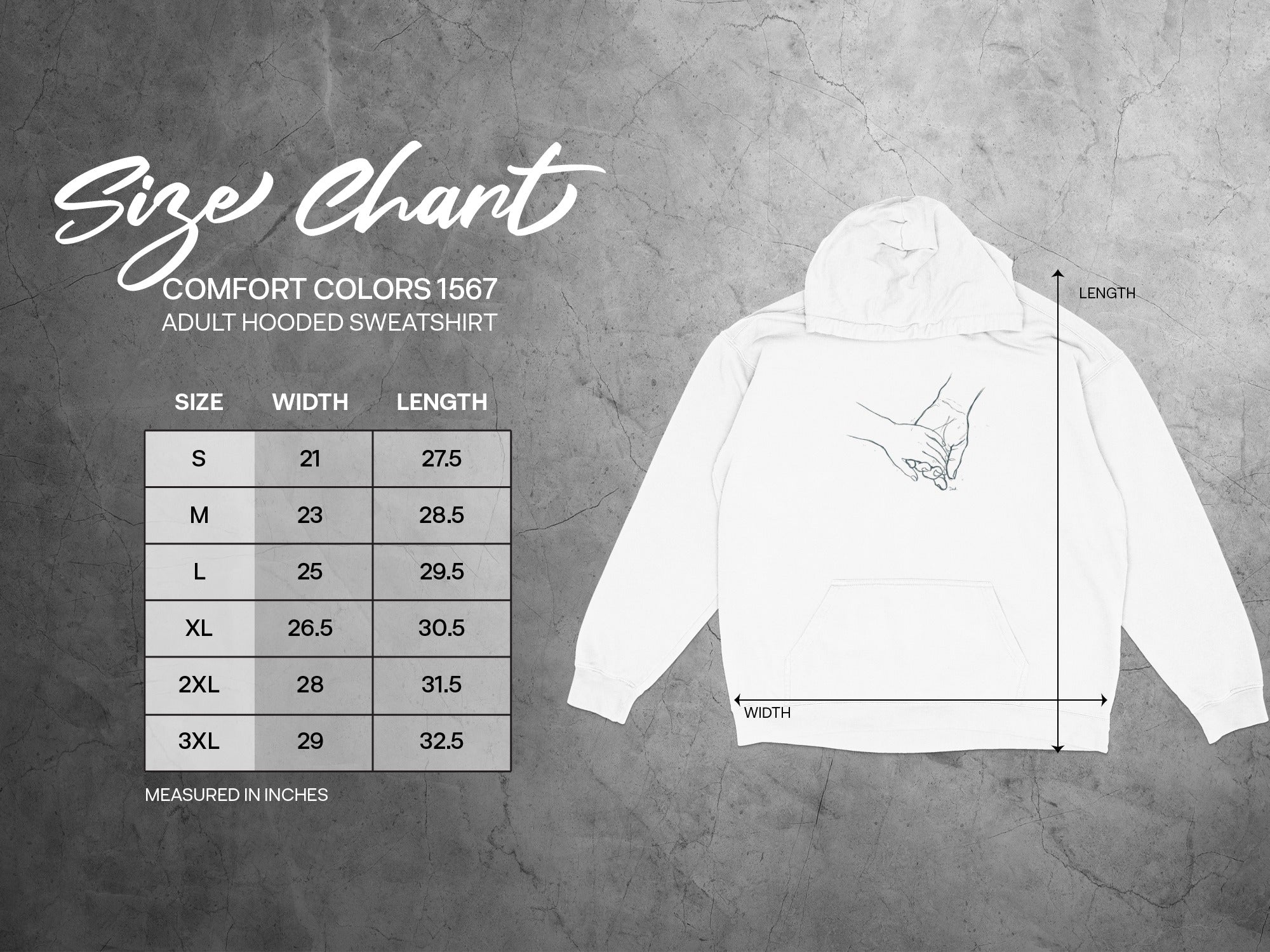 Comfort Colors 1567 adult hooded sweatshirt size chart.