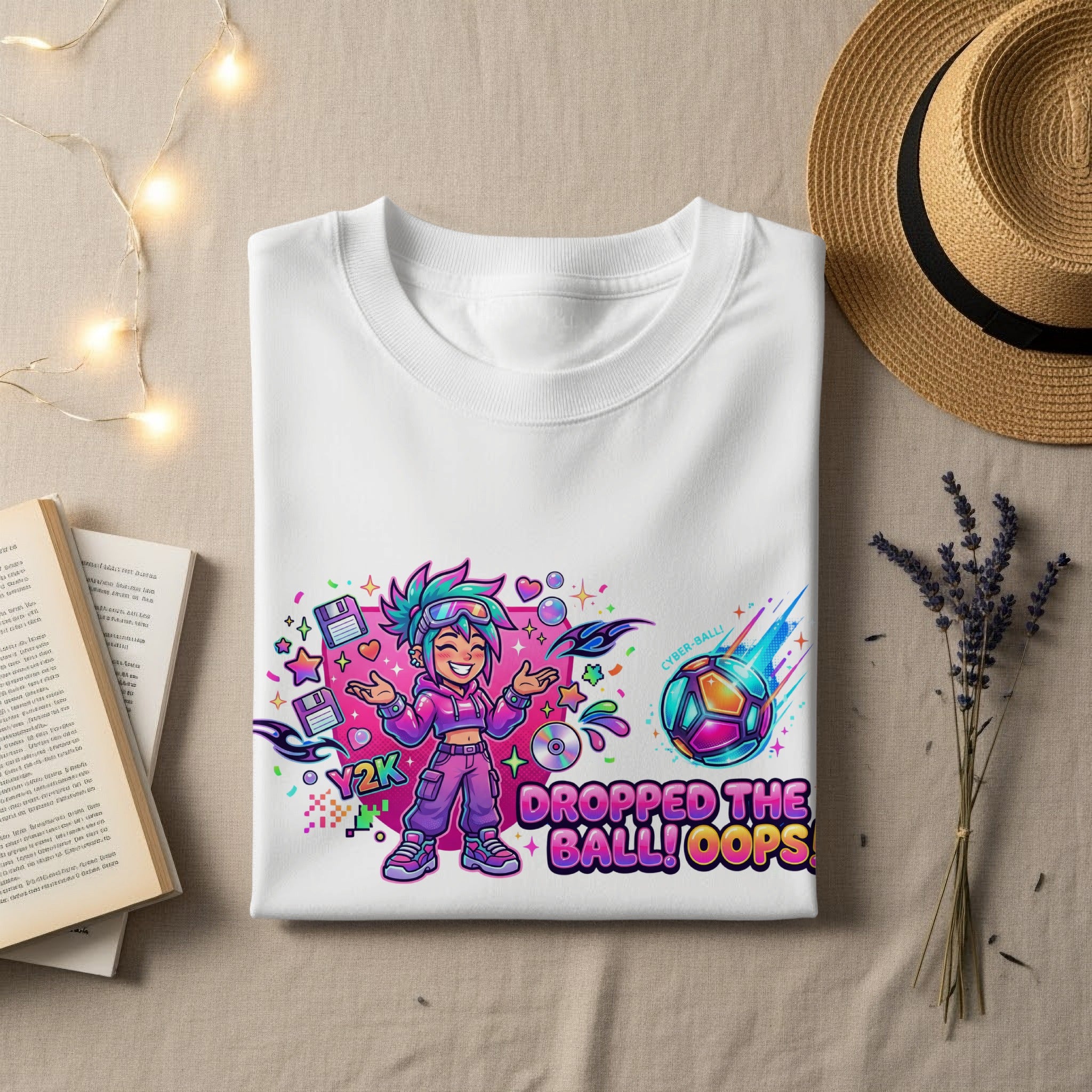 White t-shirt with Y2K graphic featuring colorful characters, game consoles, and text.