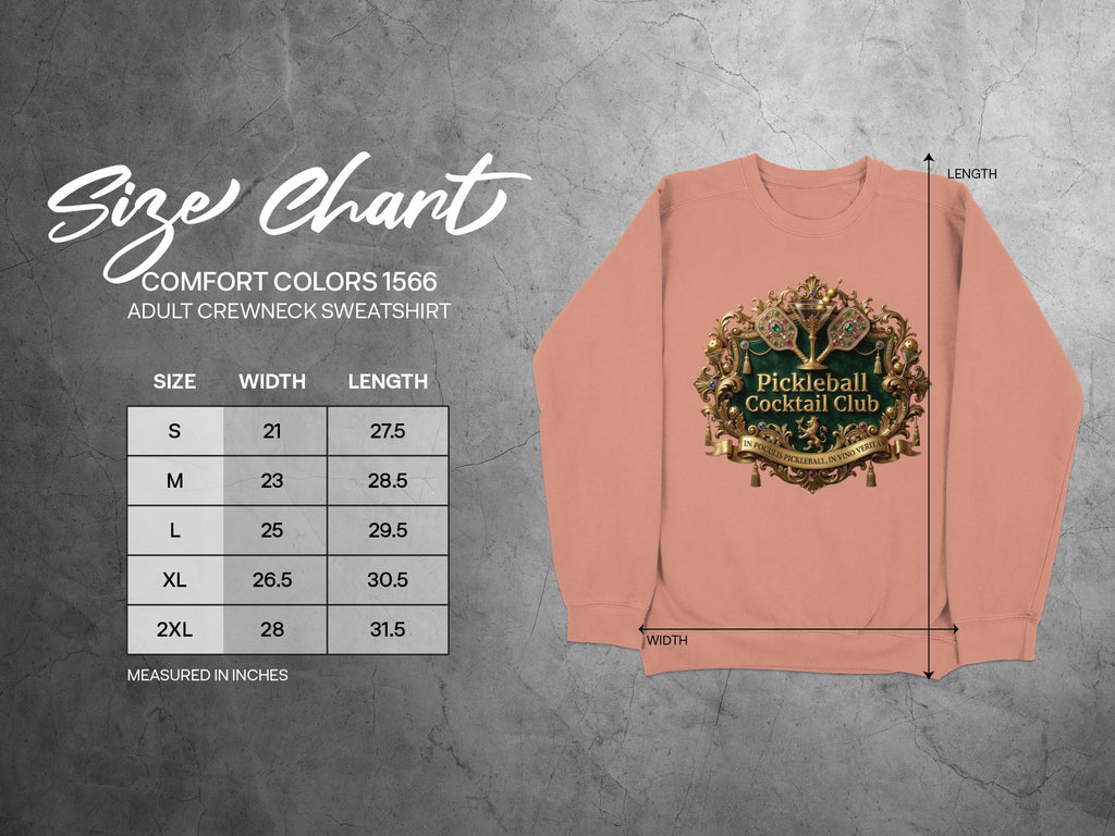 Comfort Colors 1566 adult sweatshirt size chart with width and length measurements.