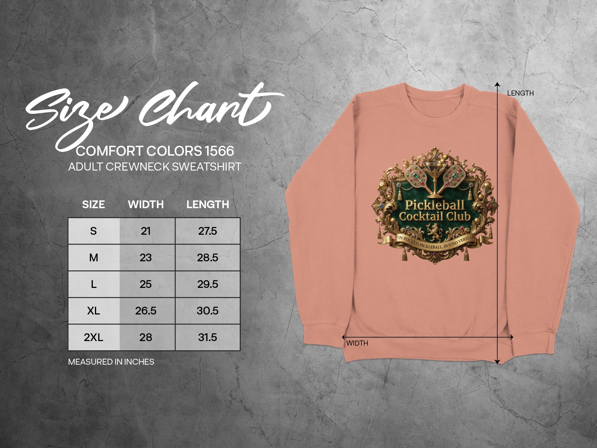 Comfort Colors 1566 adult sweatshirt size chart with width and length measurements.