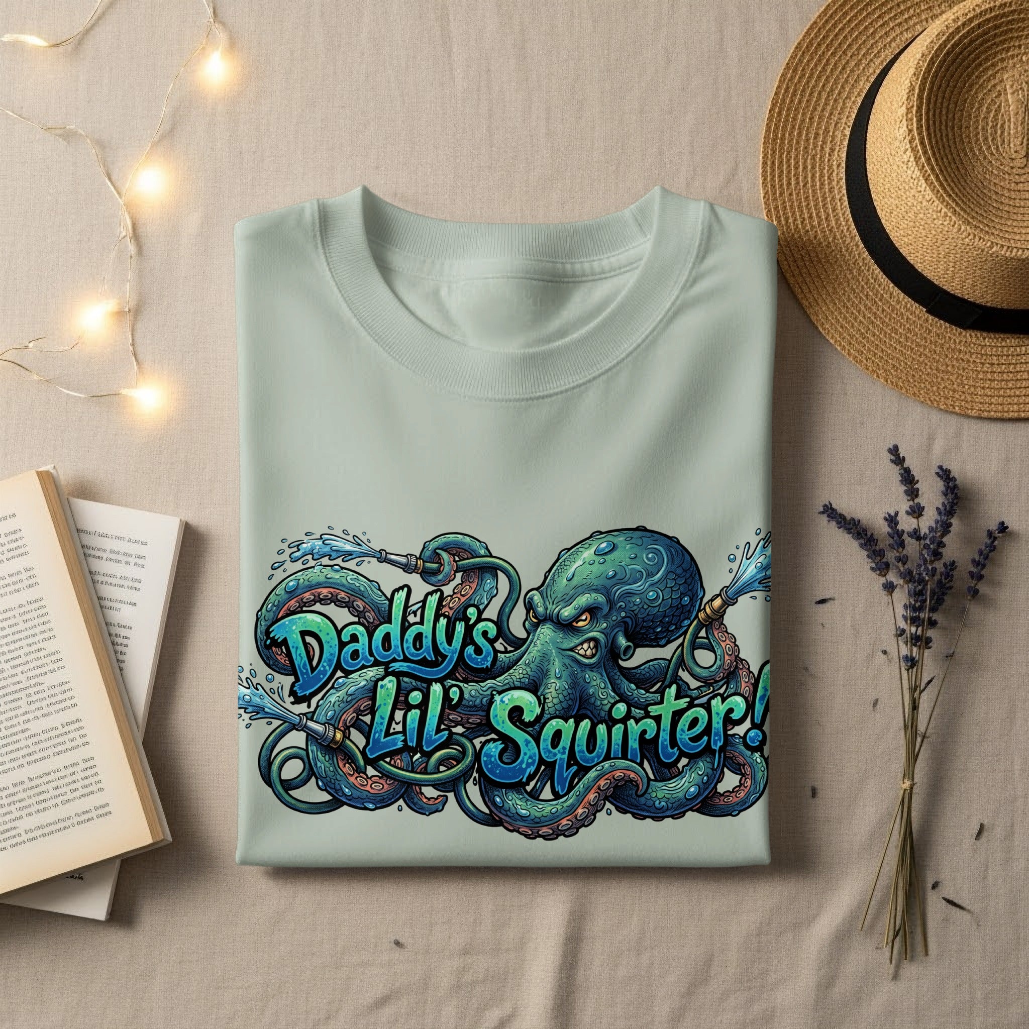 Light blue t-shirt with cartoon octopus squirting water, text reads "Daddy's Lil' Squirt!".