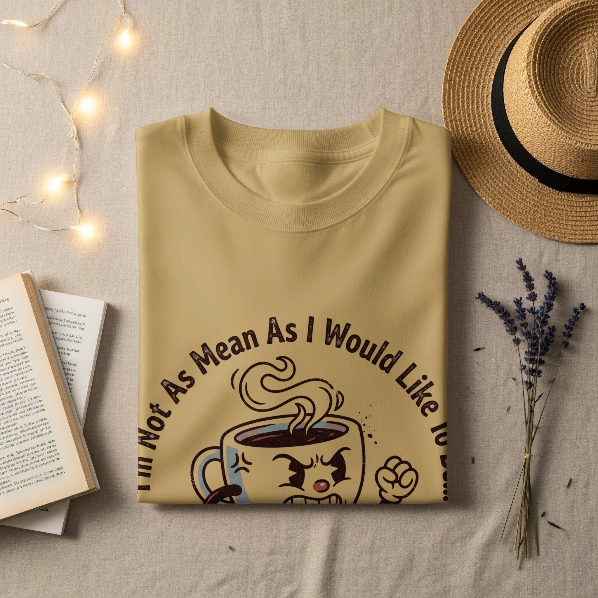 T-shirt with a cartoon coffee mug graphic and text "Not As Mean As I Would Like".