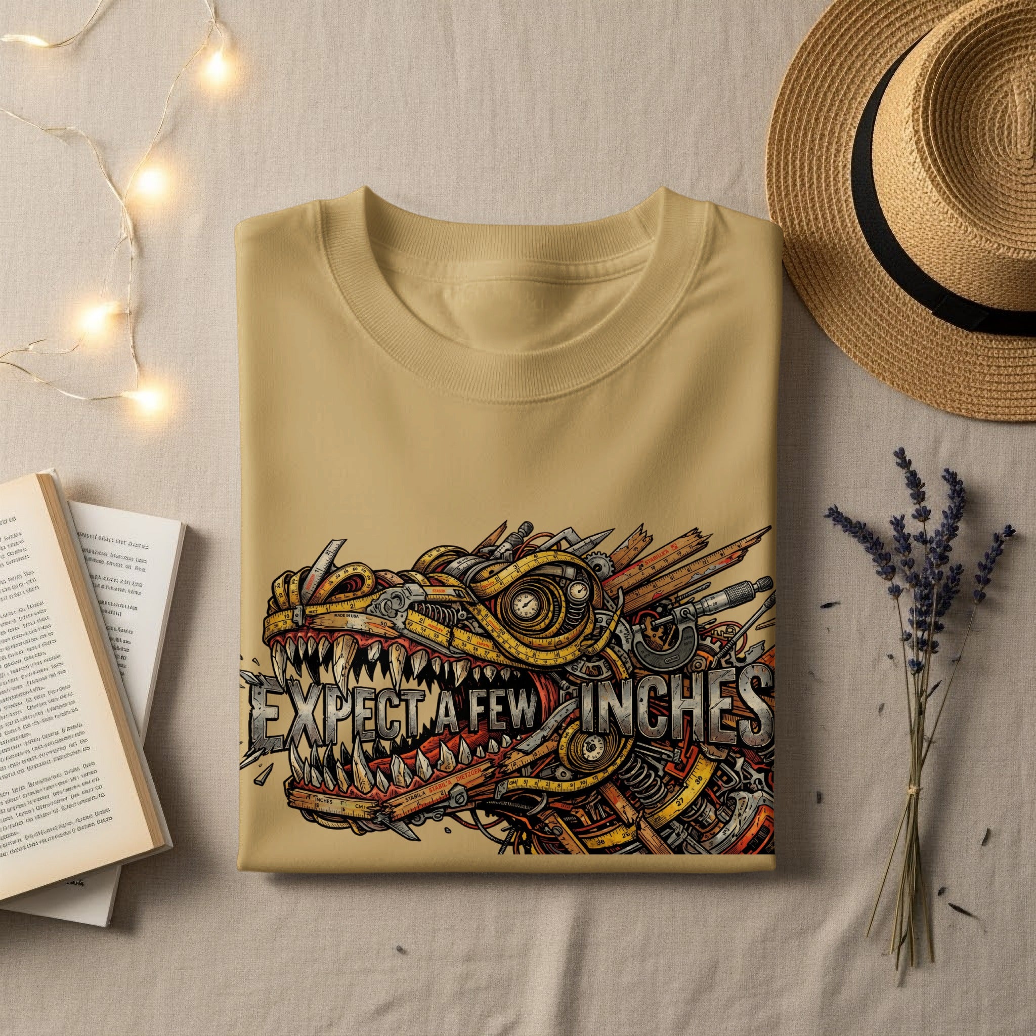 Tan t-shirt with a mechanical dragon design and the text "EXPECT A FEW INCHES".