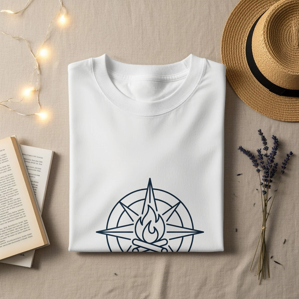 White t-shirt with navy blue compass and campfire graphic.