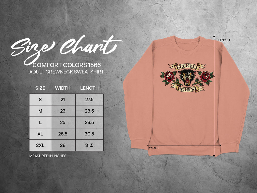 Comfort Colors 1566 adult crewneck sweatshirt size chart with dimensions.