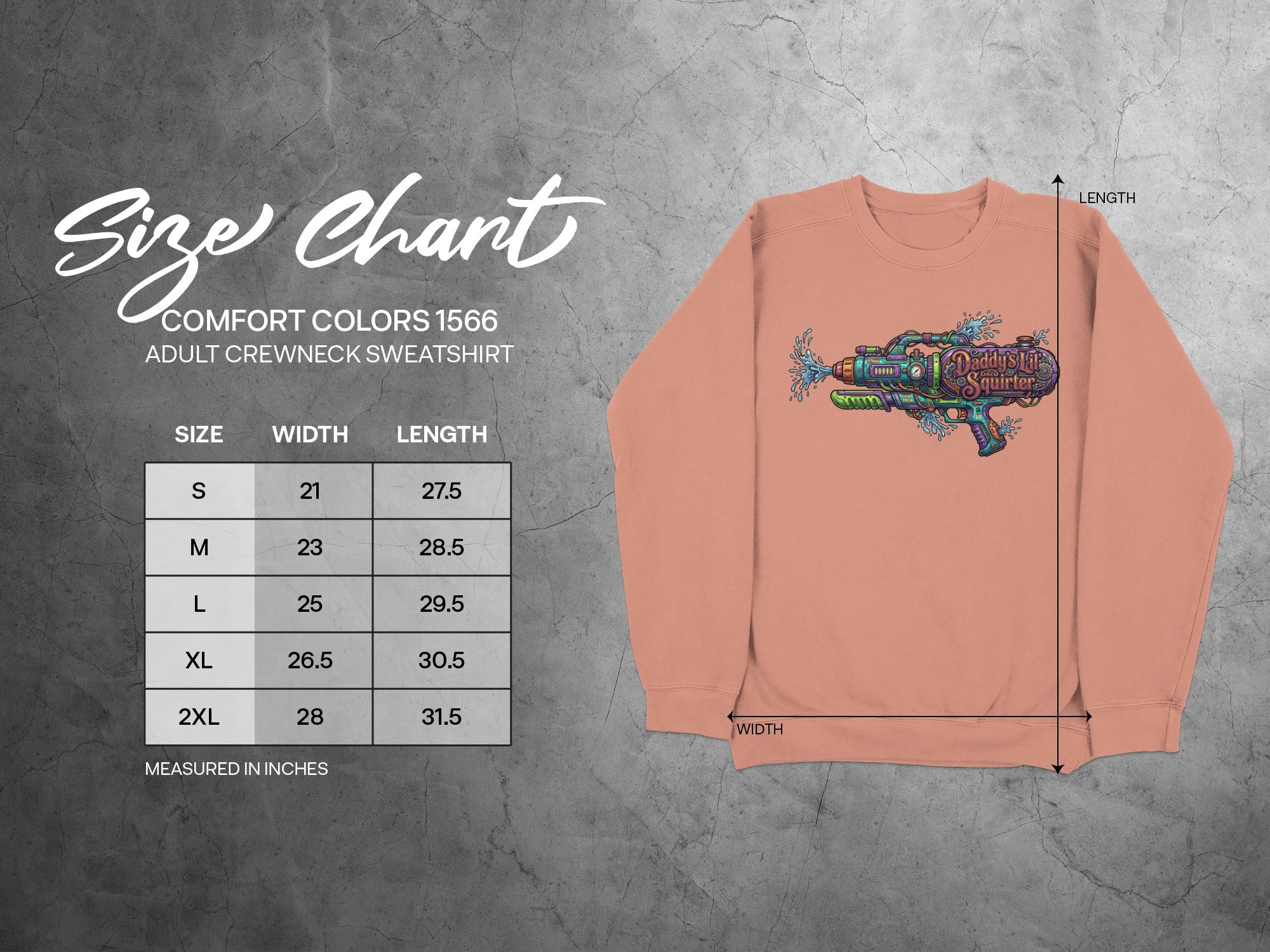 Size chart for Comfort Colors 1566 adult crewneck sweatshirt with width and length measurements.