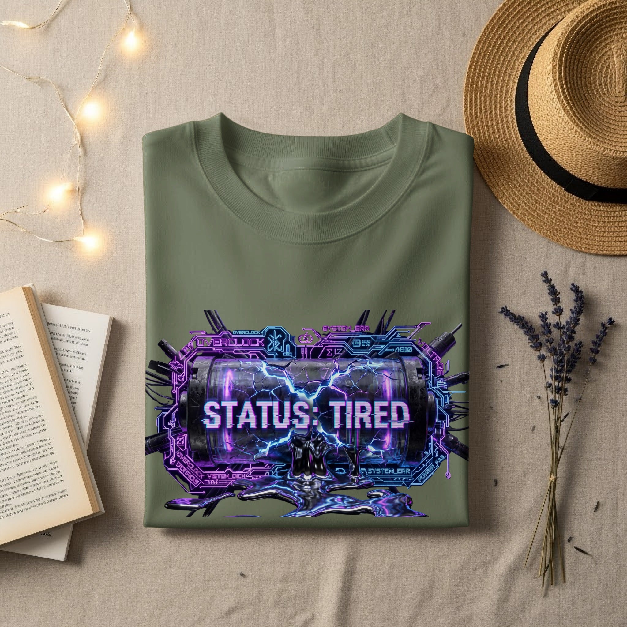 T-shirt with "STATUS: TIRED" neon graphic, reading "OVERCLOCK SYSTEM_ERR".
