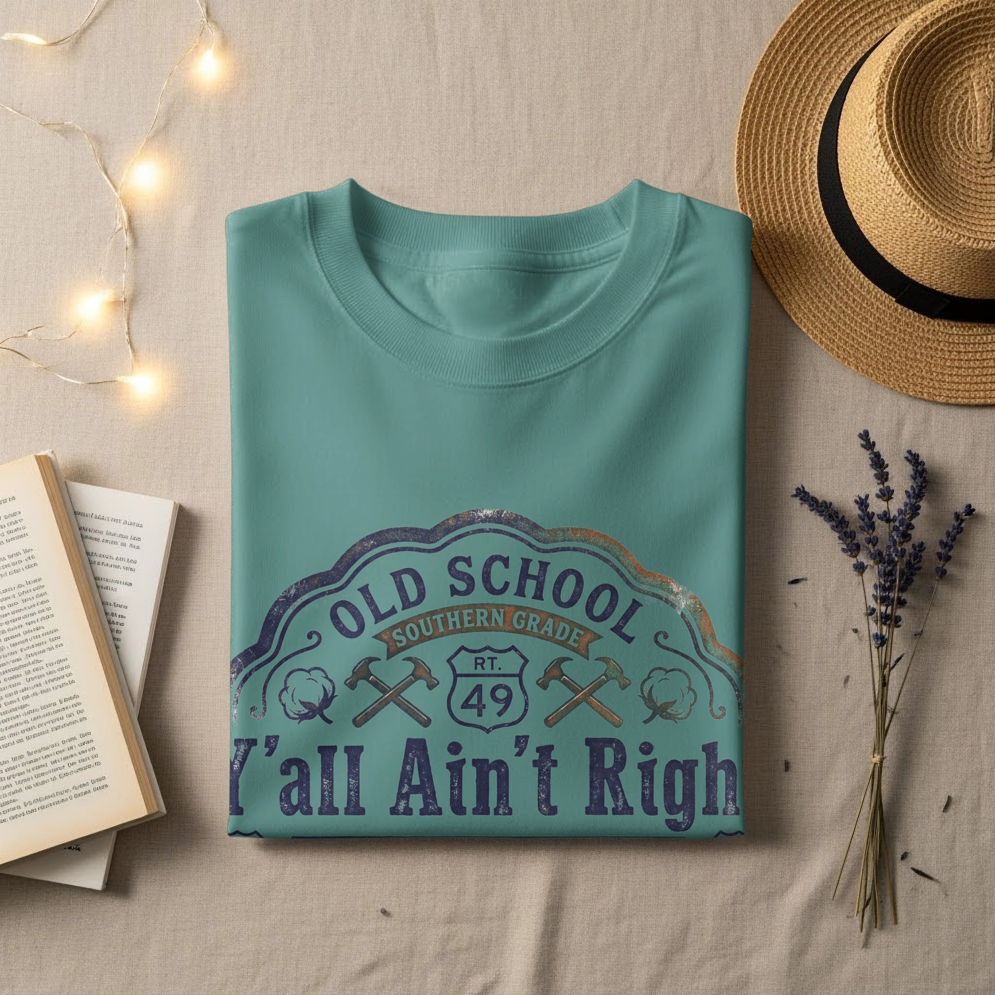 Teal t-shirt with "Old School Southern Grade Y'all Ain't Right" text and graphics.