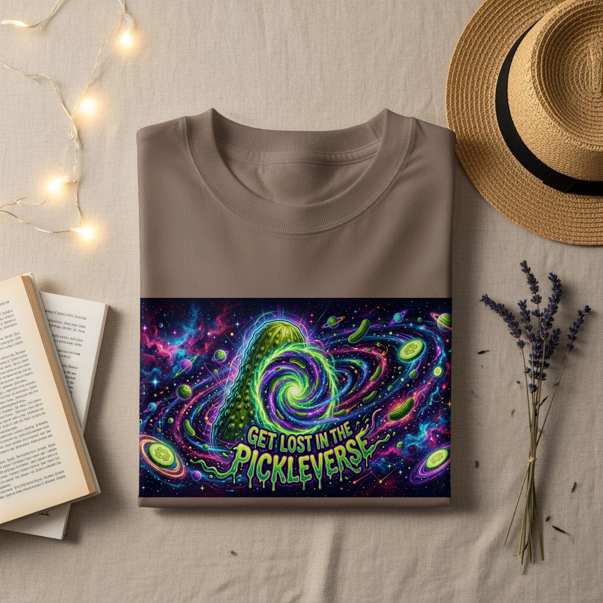 Brown t-shirt with "Get Lost in the Pickleverse" graphic featuring Rick Sanchez as a pickle in space.