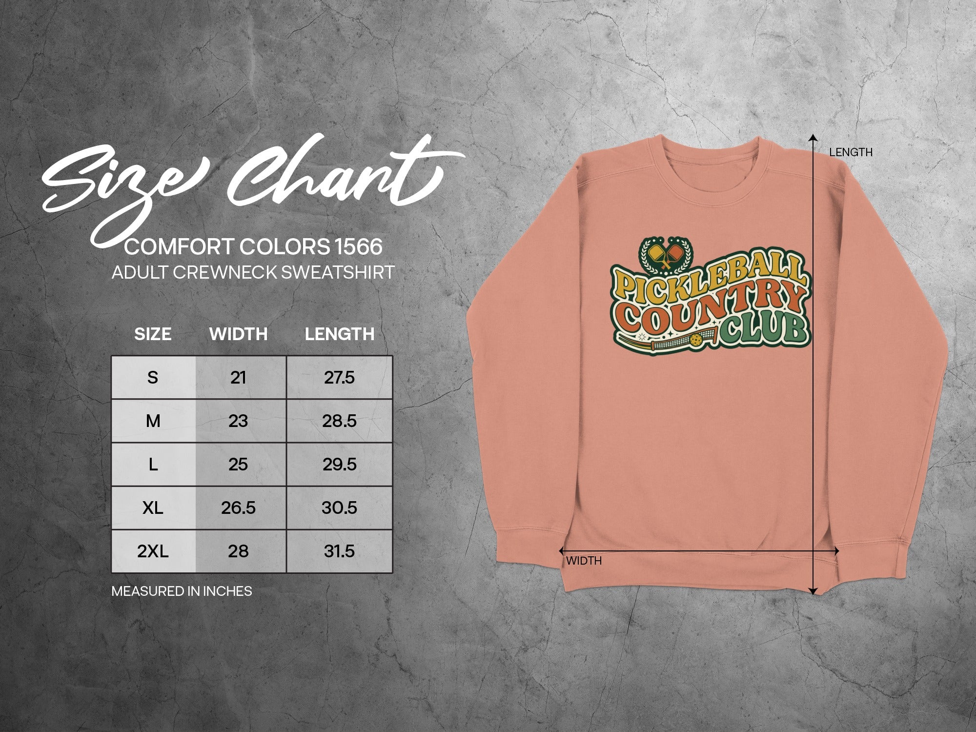 Comfort Colors 1566 adult crewneck sweatshirt size chart with measurements.