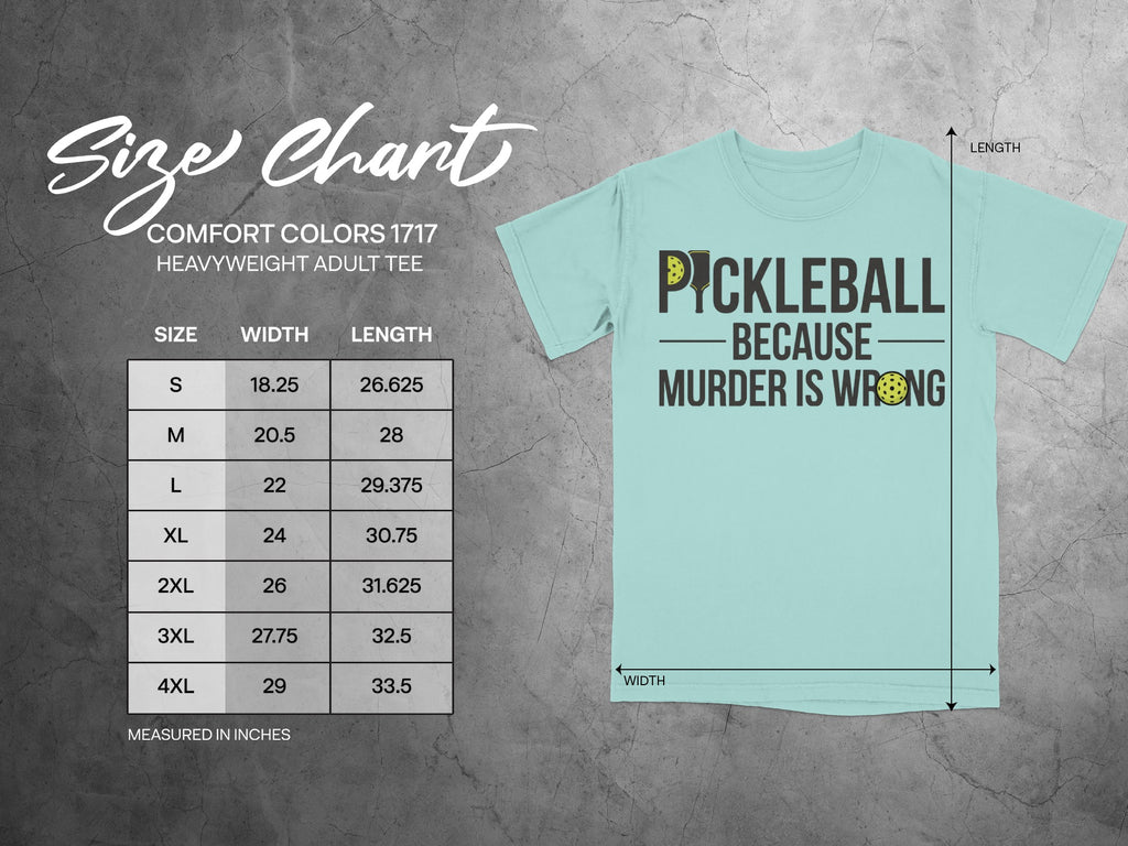 Comfort Colors 1717 size chart for heavyweight adult tee with pickleball graphic.