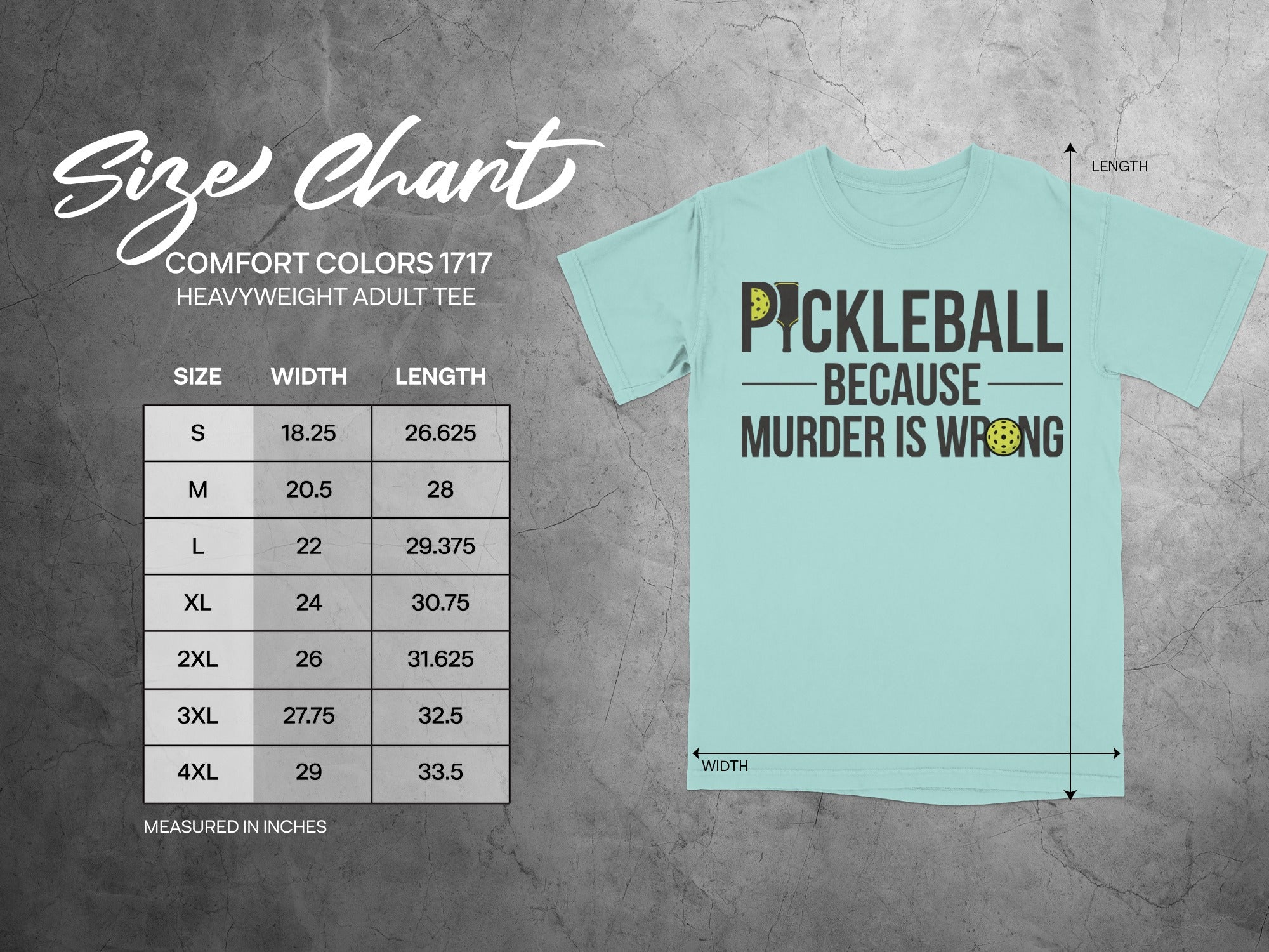 Comfort Colors 1717 size chart for heavyweight adult tee with pickleball graphic.